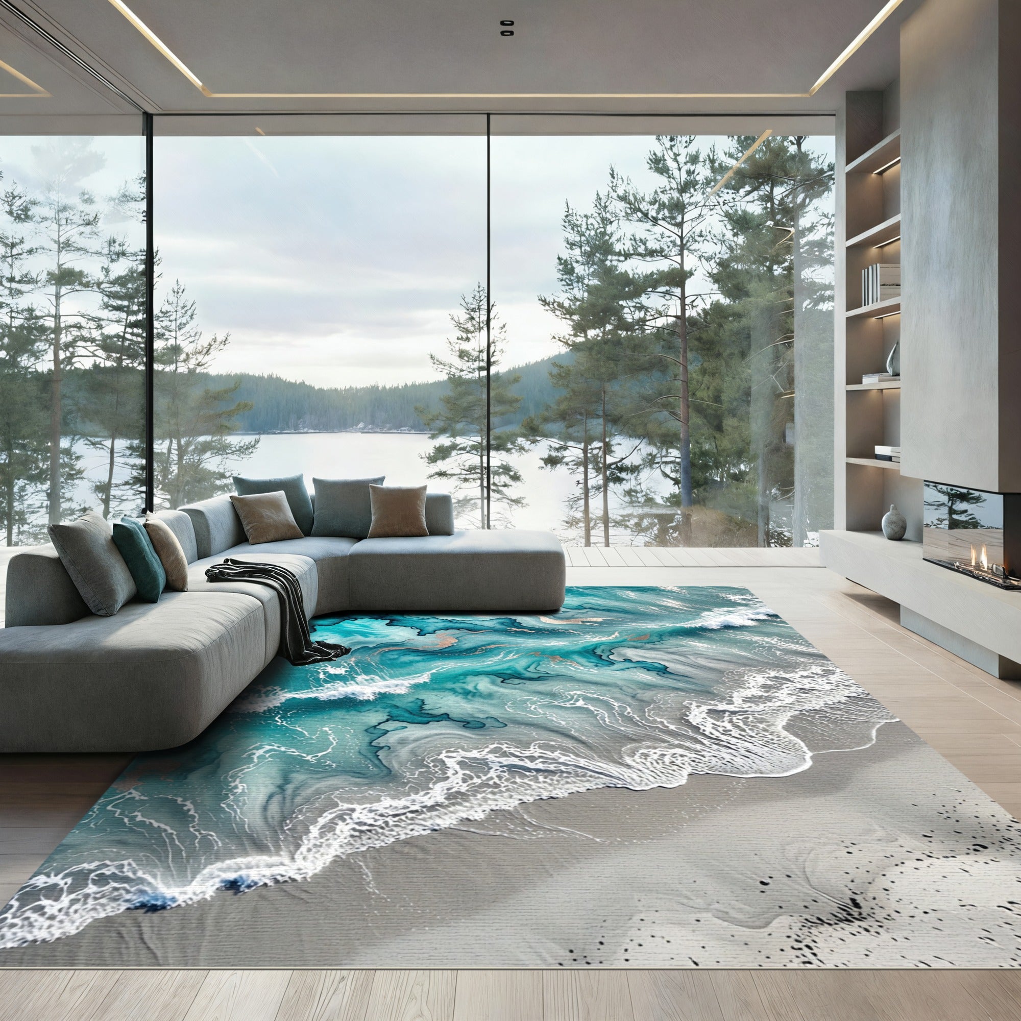 Abstract Teal Ocean Wave Gold Foil Rug