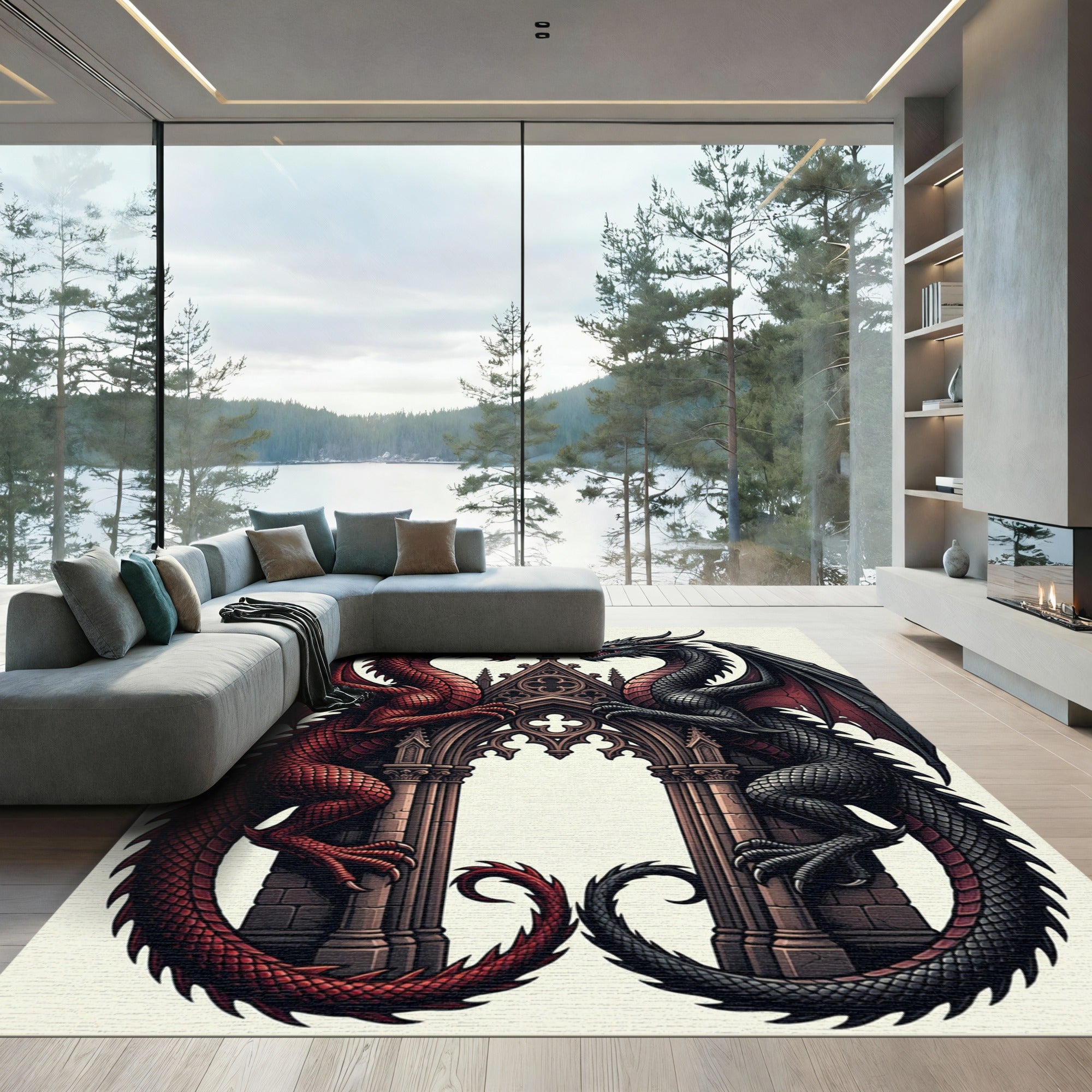 Gothic Dual Dragon Crimson Obsidian Arch Rug