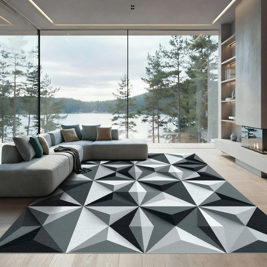 Modern Monochromatic Geometric Three Dimensional Prism Rug