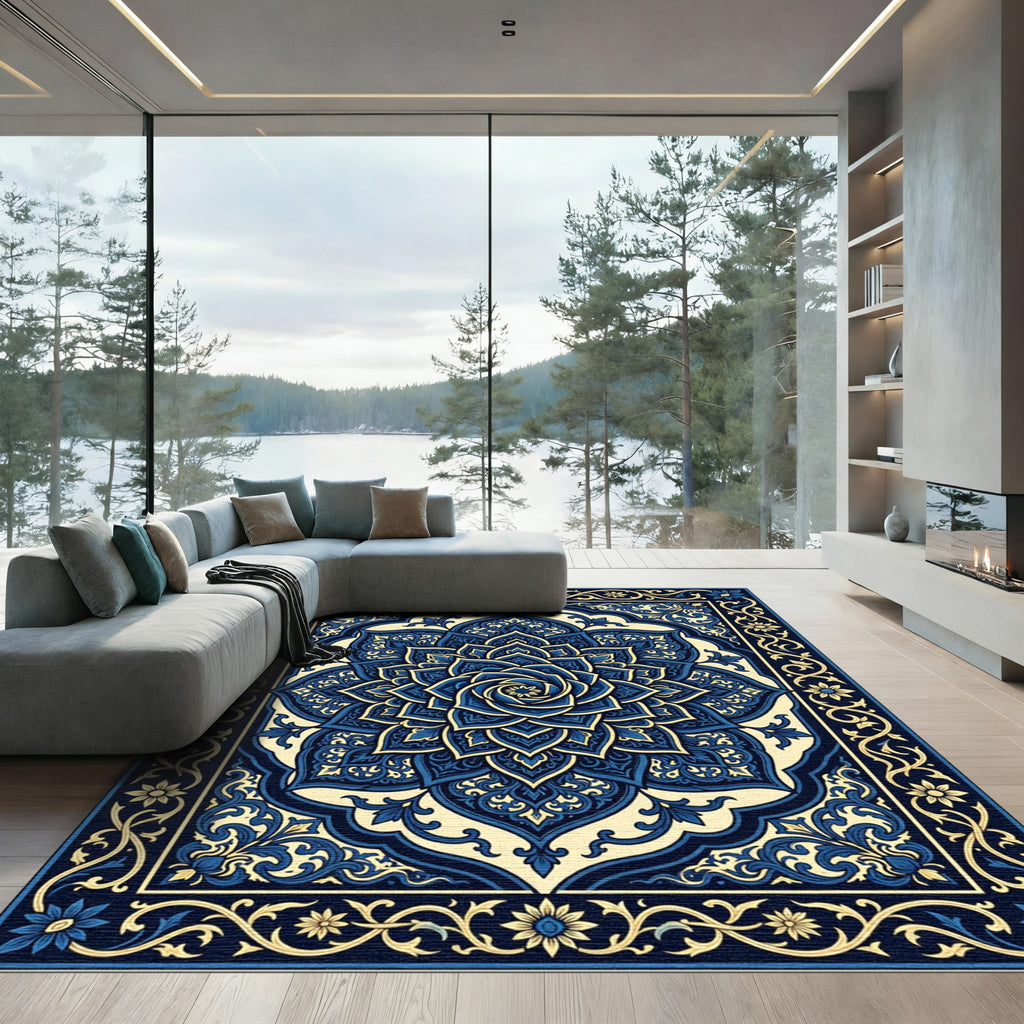 Midnight Blue Elaborate Floral Medallion Rug