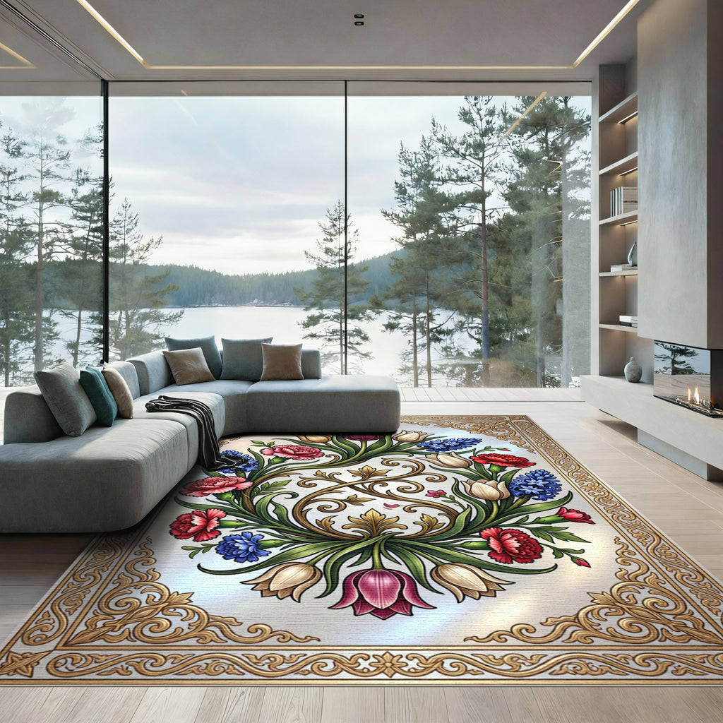 Elegant Baroque Floral Wreath Medallion Rug