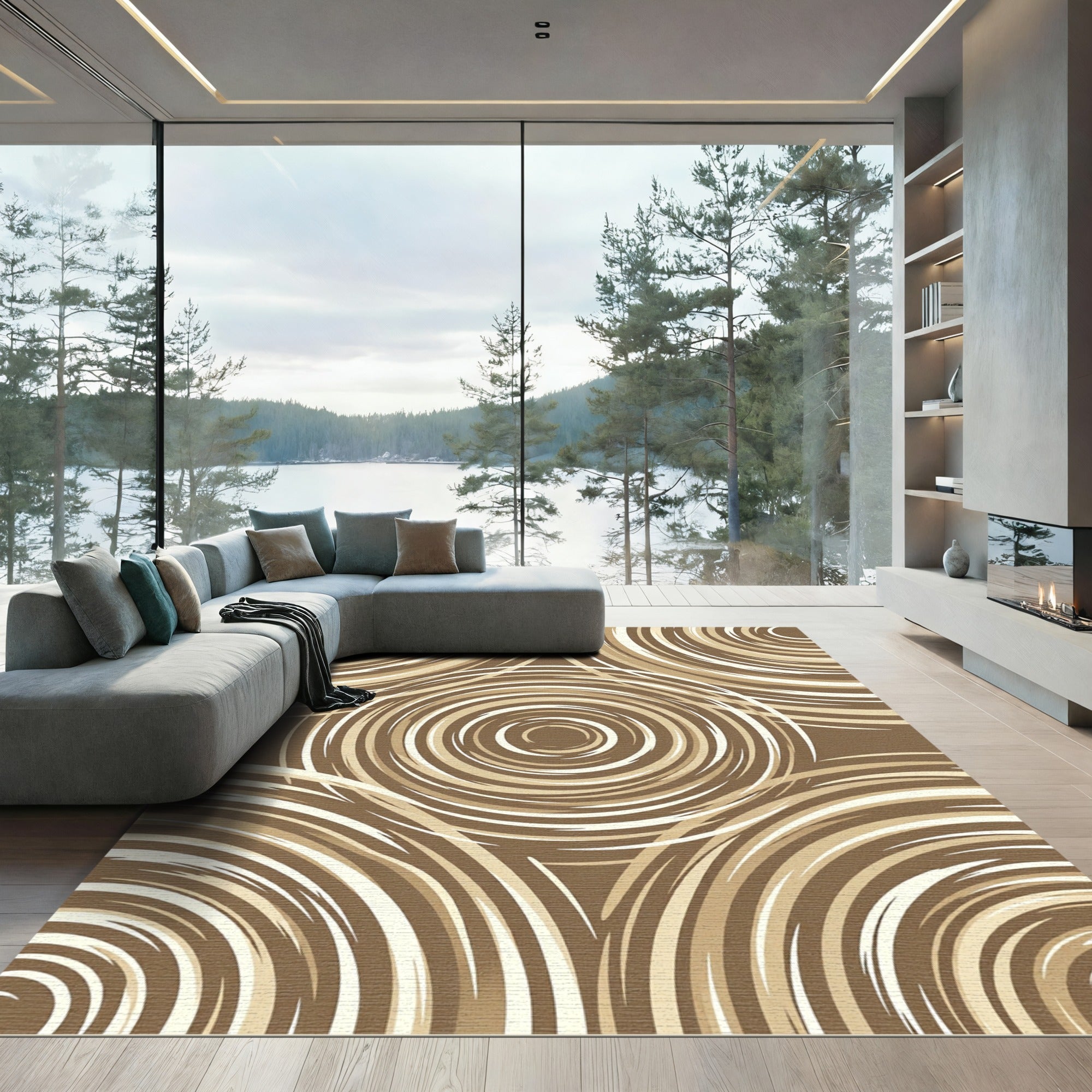 Brown Cream Swirling Circles Rug