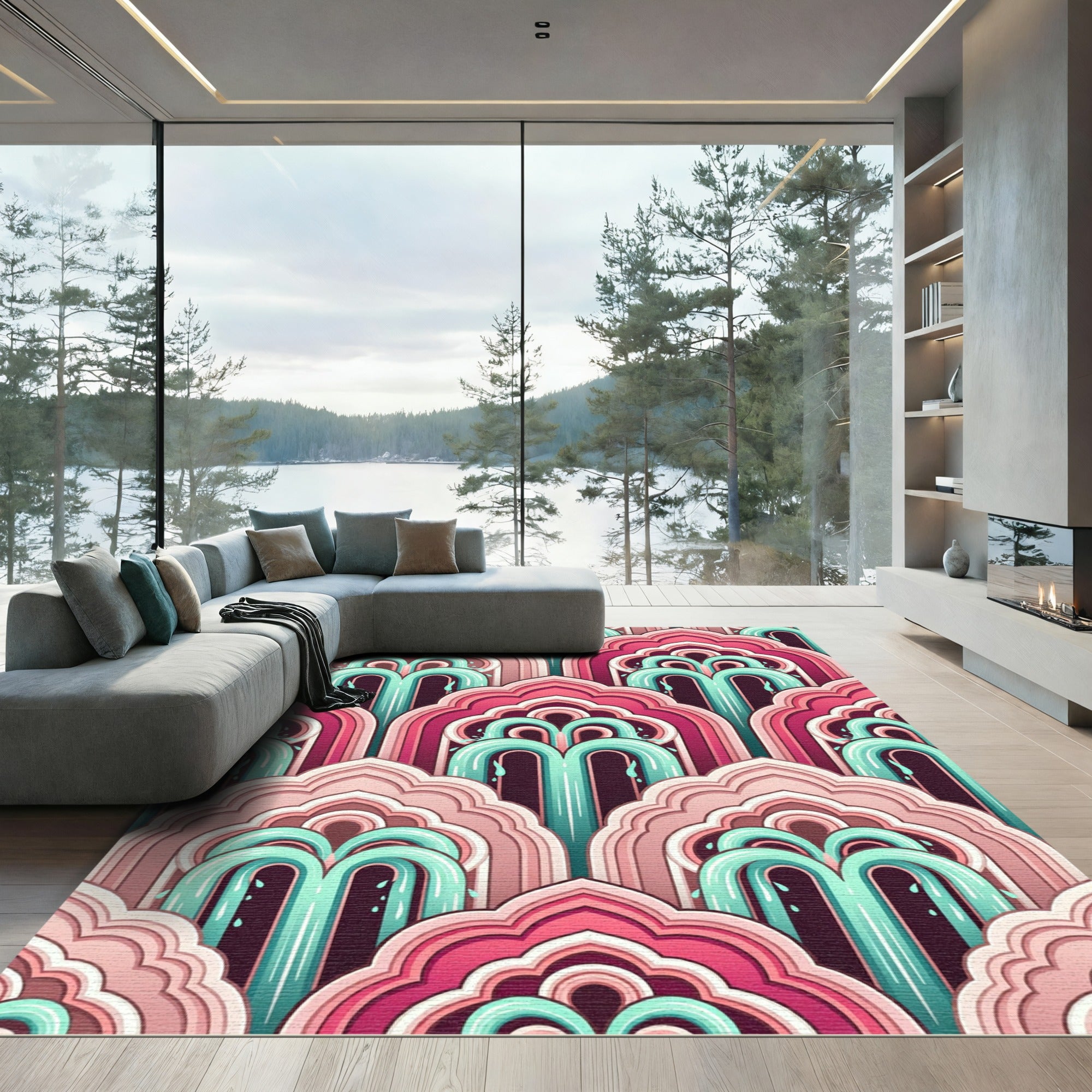 Pink Teal Layered Arches Rug