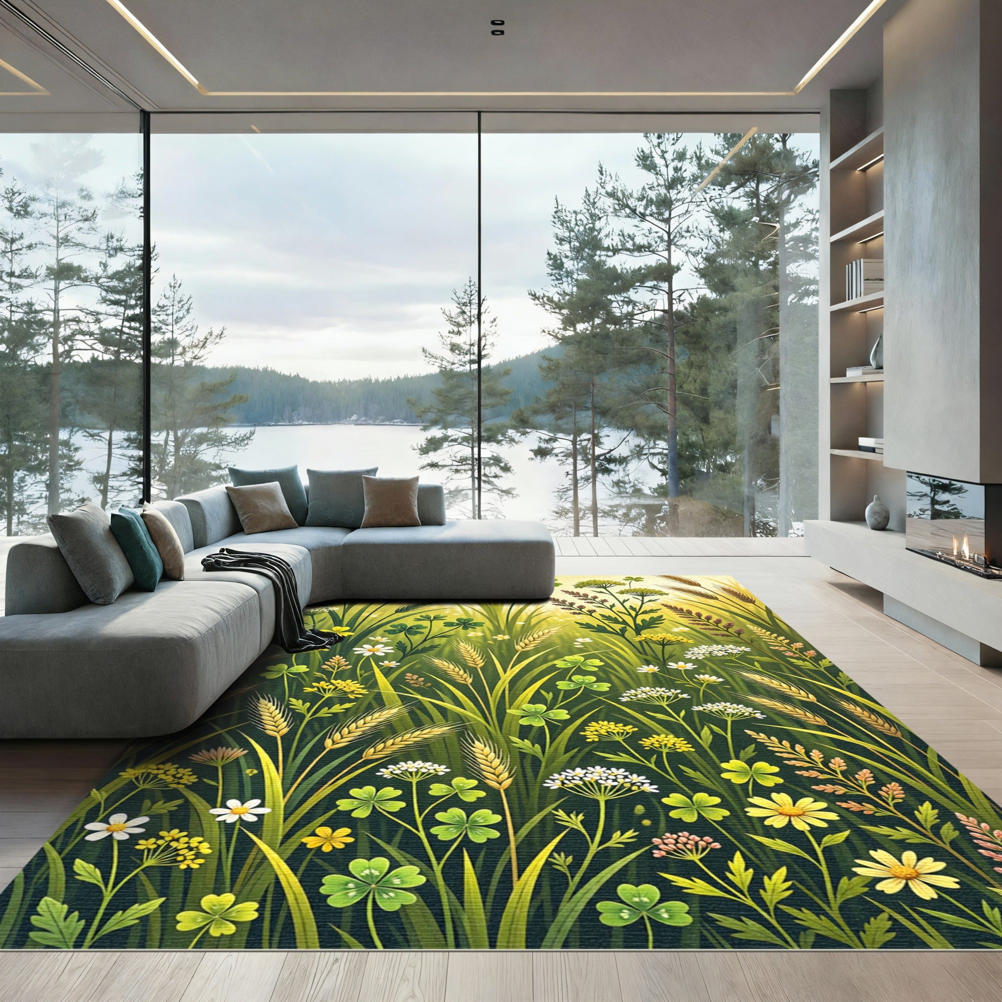 Lush Golden Meadow Wildflower Field Rug