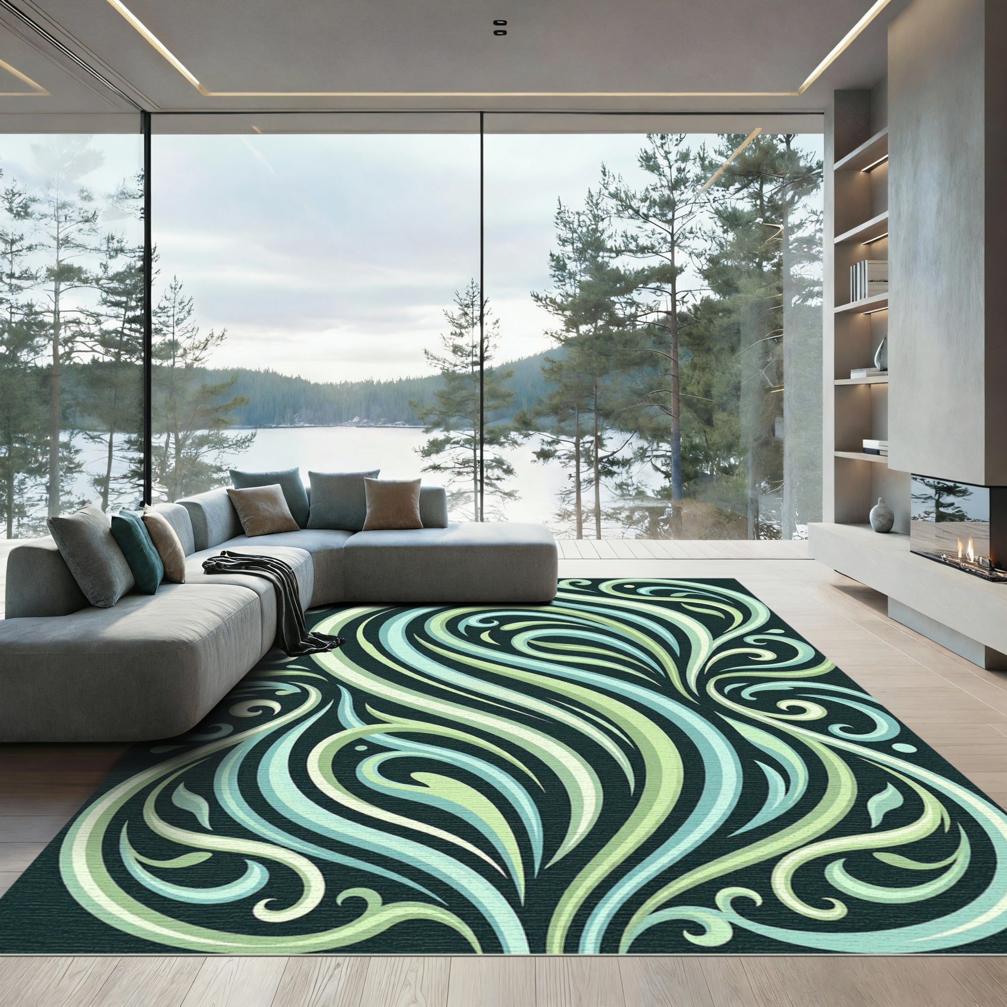 Elegant Sage Seafoam Flowing Swirls Rug