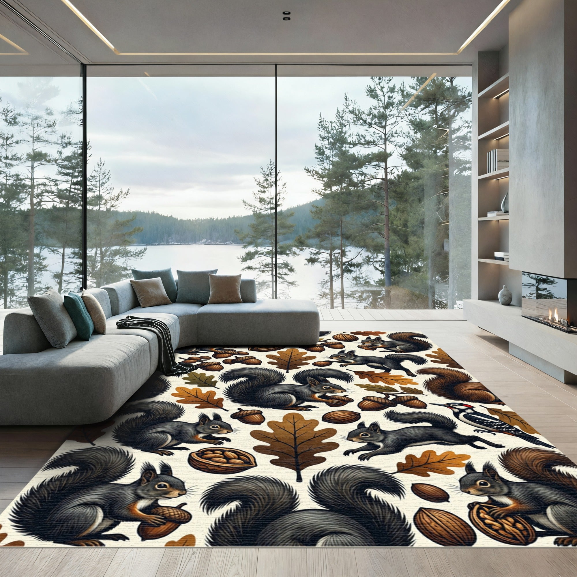 Autumnal Woodland Squirrel and Acorn Illustration Rug