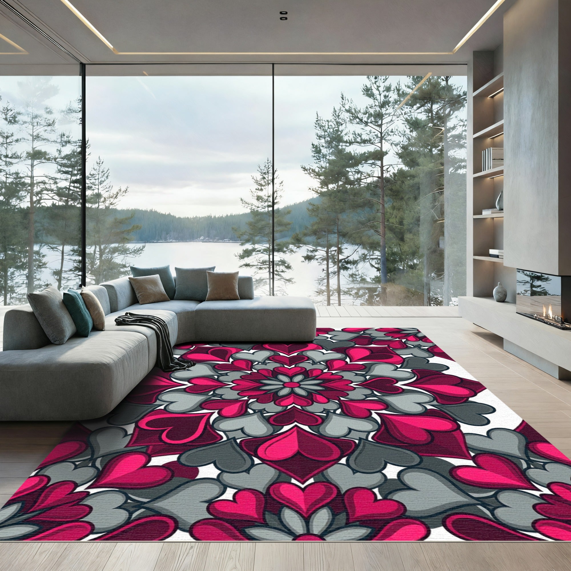 Vibrant Pink and Gray Heart Mandala Rug