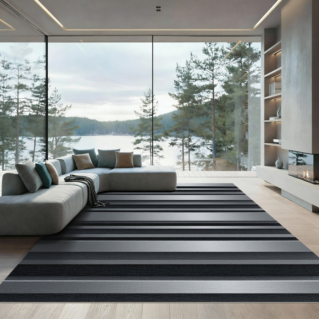 Minimalist Metallic Silver Linear Striped Rug