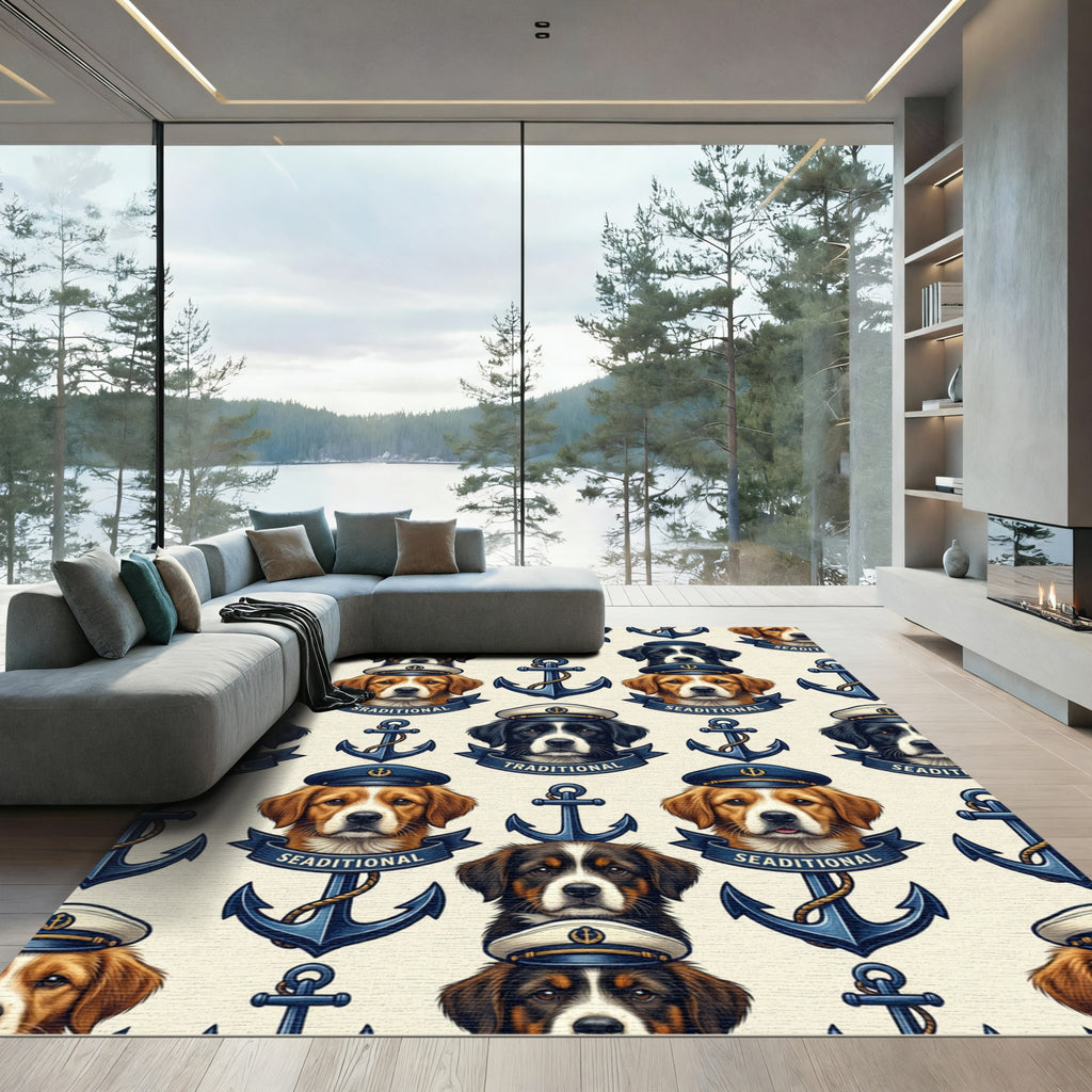 Nautical Dog Captain Anchor Cream Rug