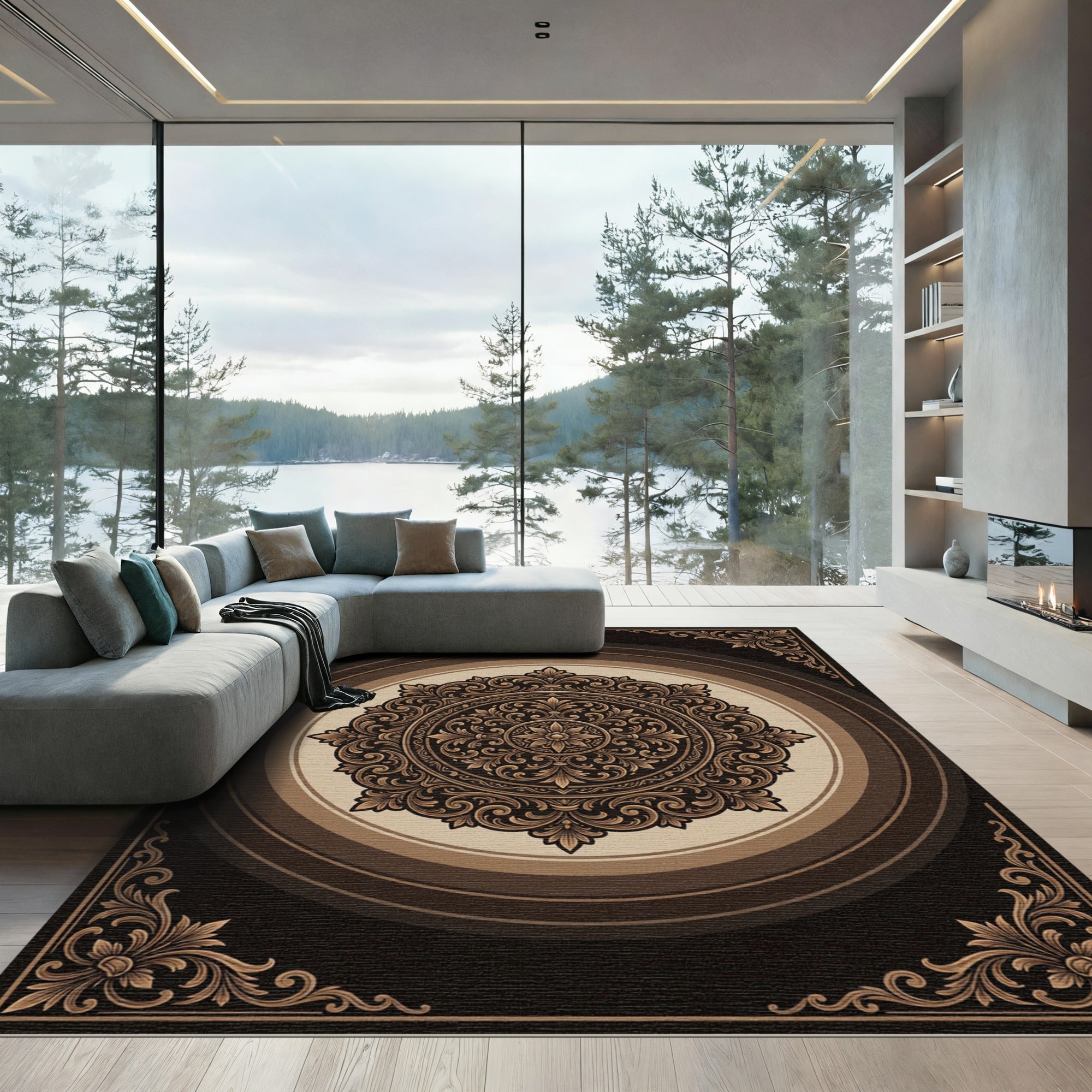 Ornate Earthy Brown Floral Medallion Rug
