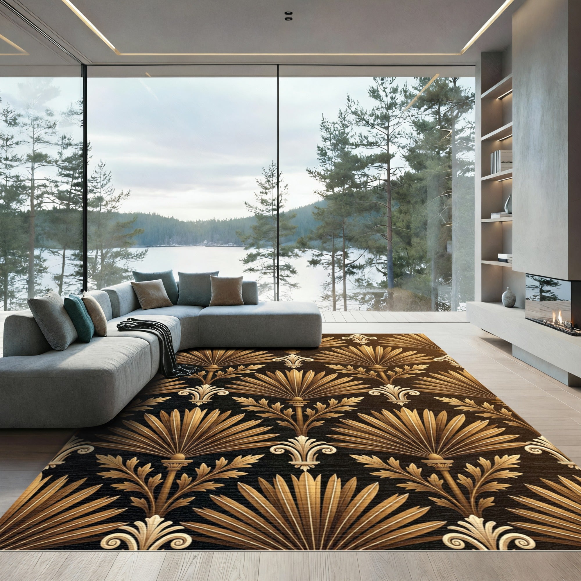 Gold Art Deco Fan Foliage Rug