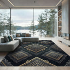 Ornate Black Gold Diamond Medallion Rug