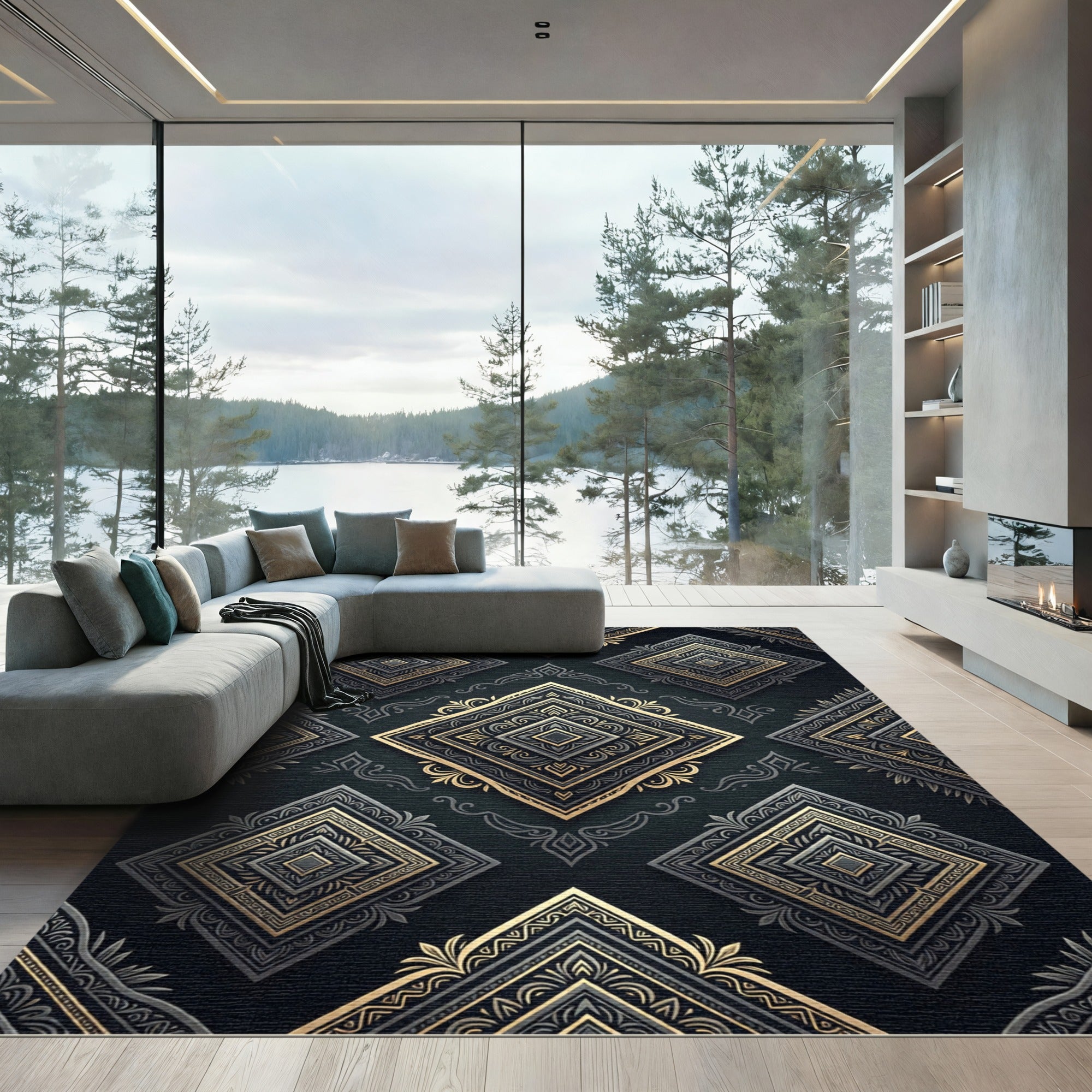 Ornate Black Gold Diamond Medallion Rug