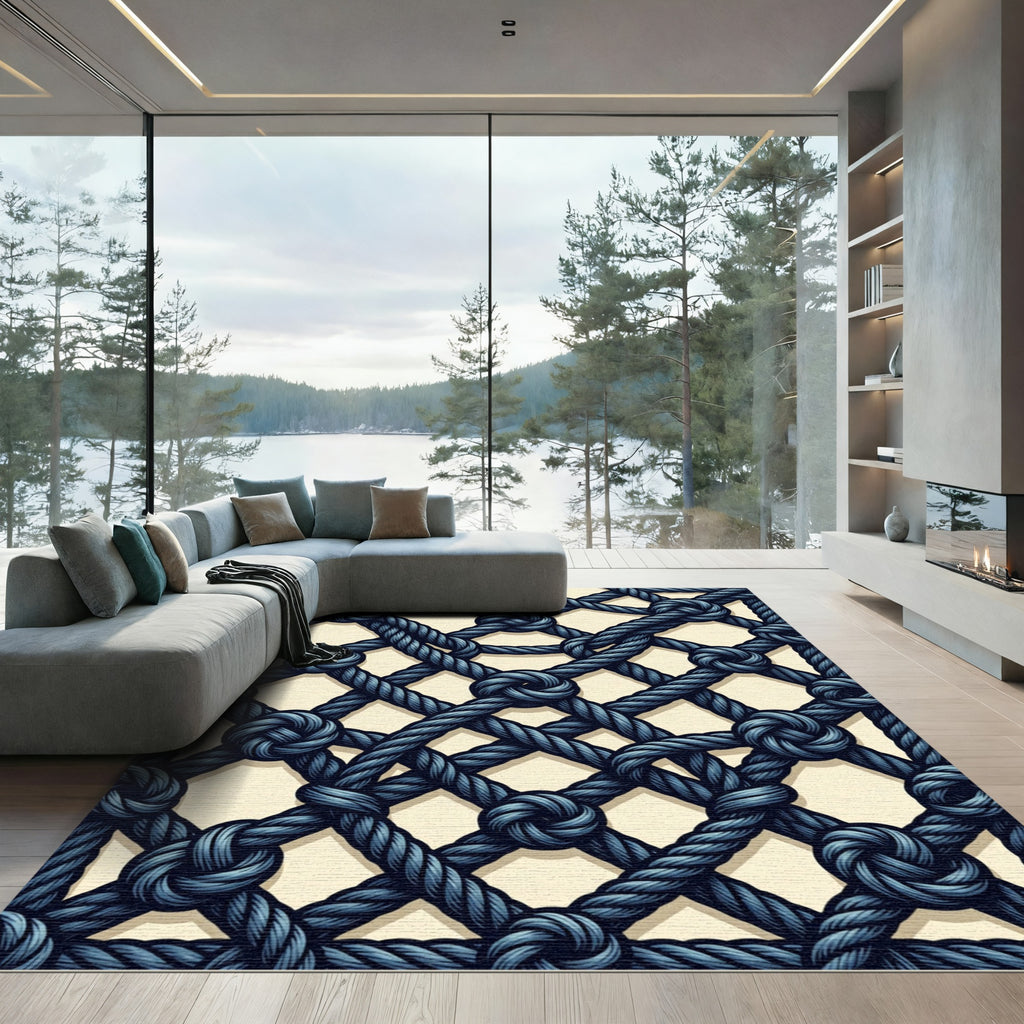 Navy Nautical Rope Grid Lattice Rug