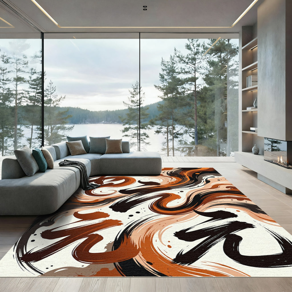 Modern Abstract Copper Black Swirls Rug