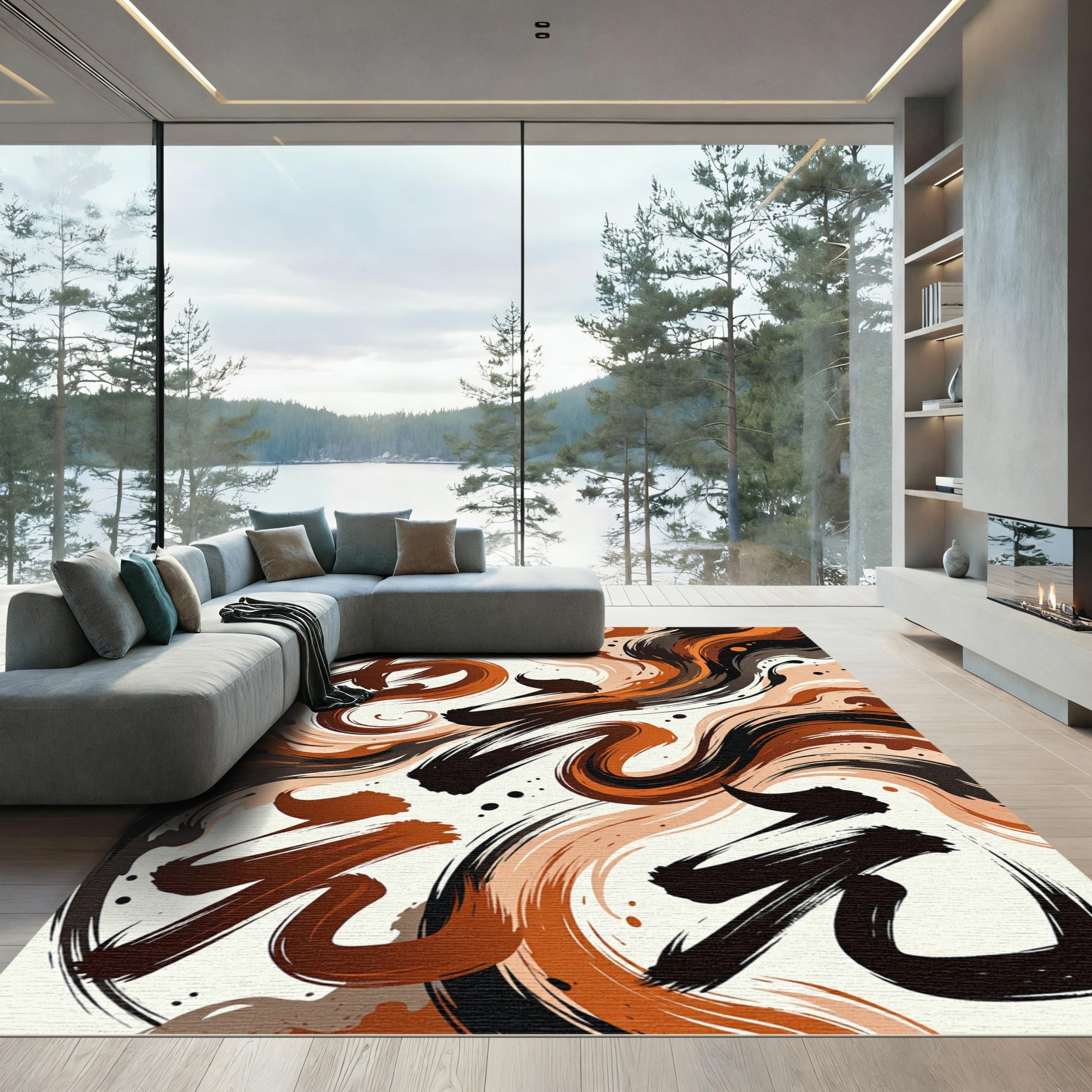 Modern Abstract Copper Black Swirls Rug