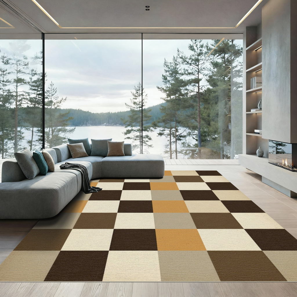 Earthy Brown Tan Square Checkerboard Rug