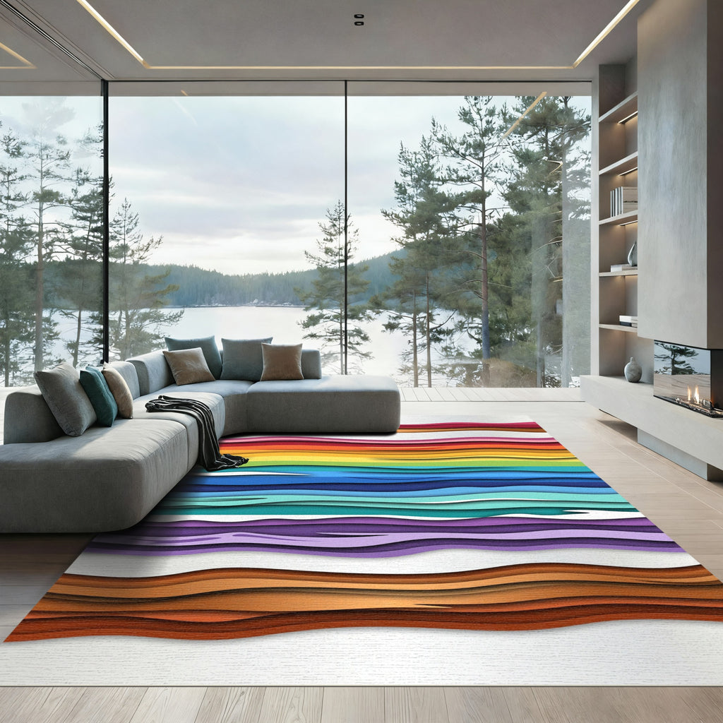 Vibrant Rainbow Wavy Layers Rug