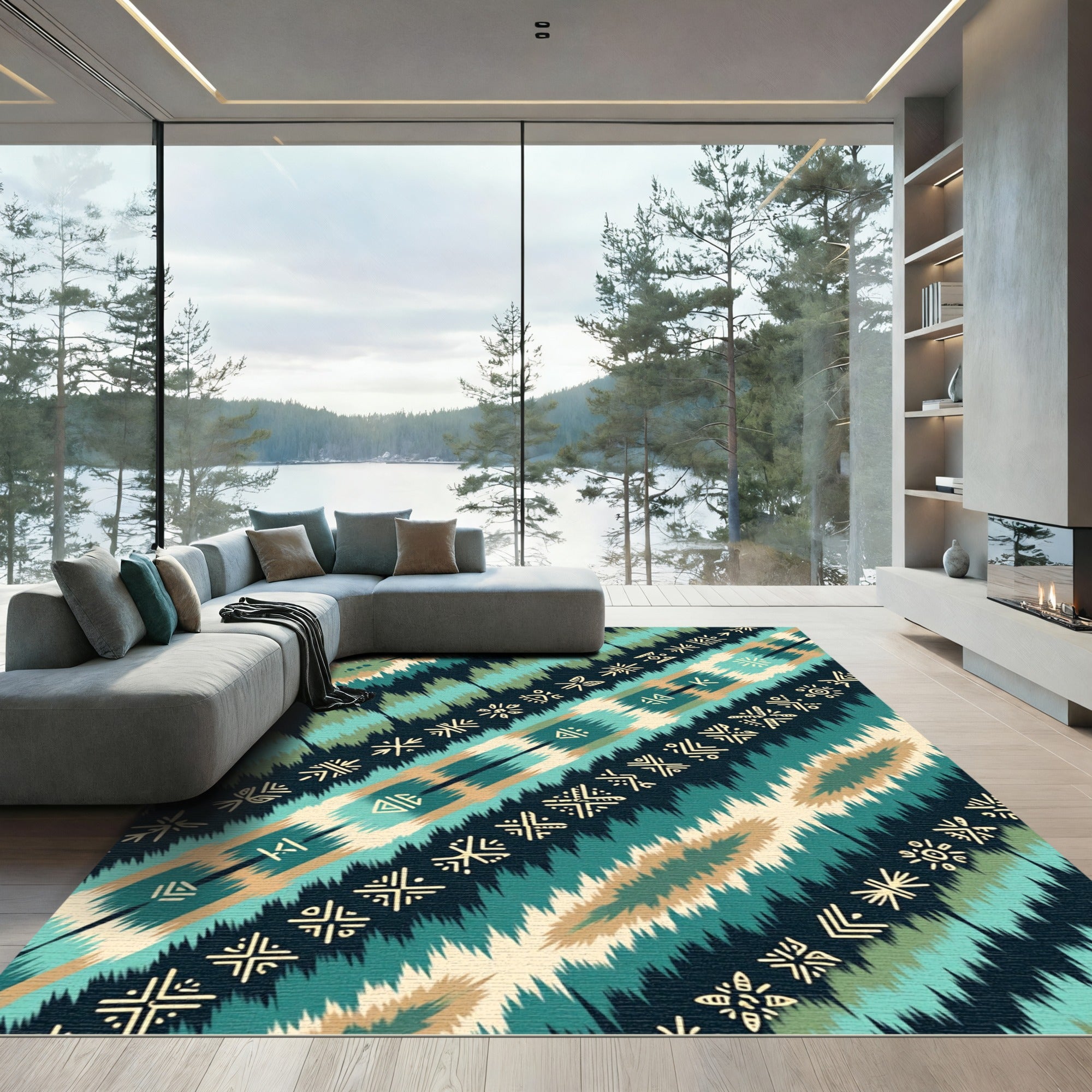 Earthy Teal Boho Geometric Stripe Rug