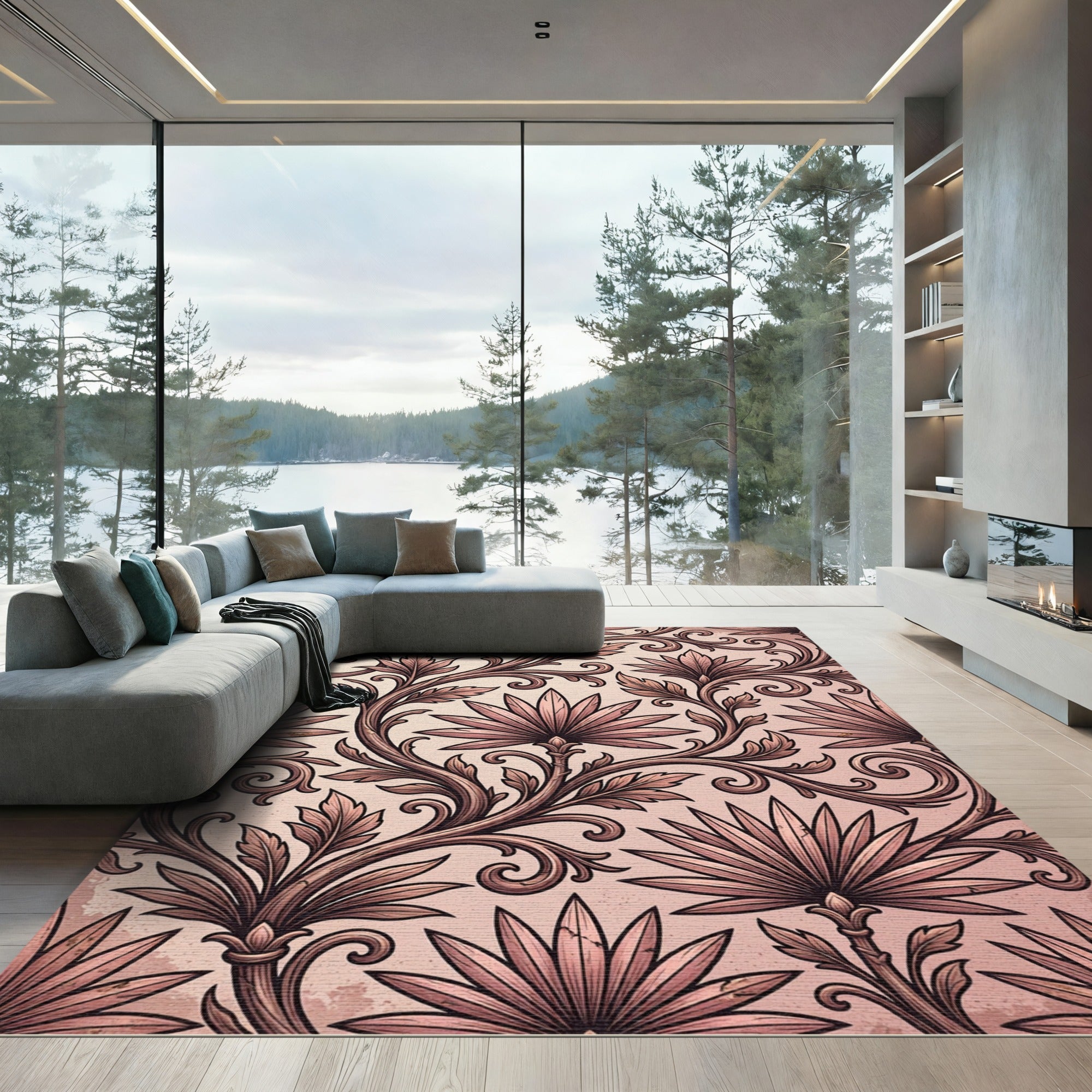 Dusty Rose Victorian Scroll Acanthus Rug