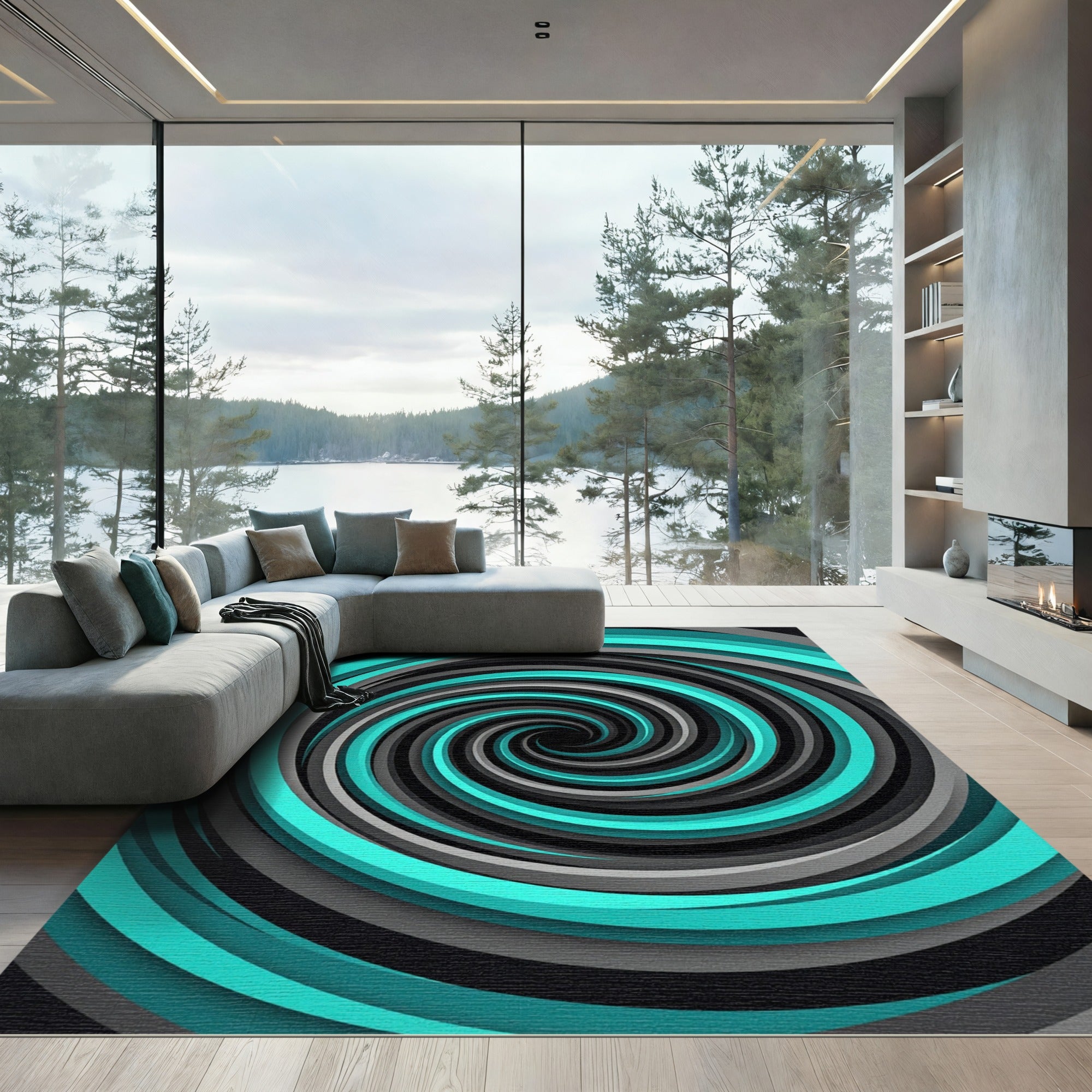 Modern Teal and Gray Hypnotic Spiral Rug