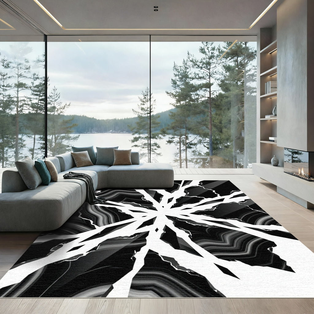 Striking Black White Jagged Lines Rug