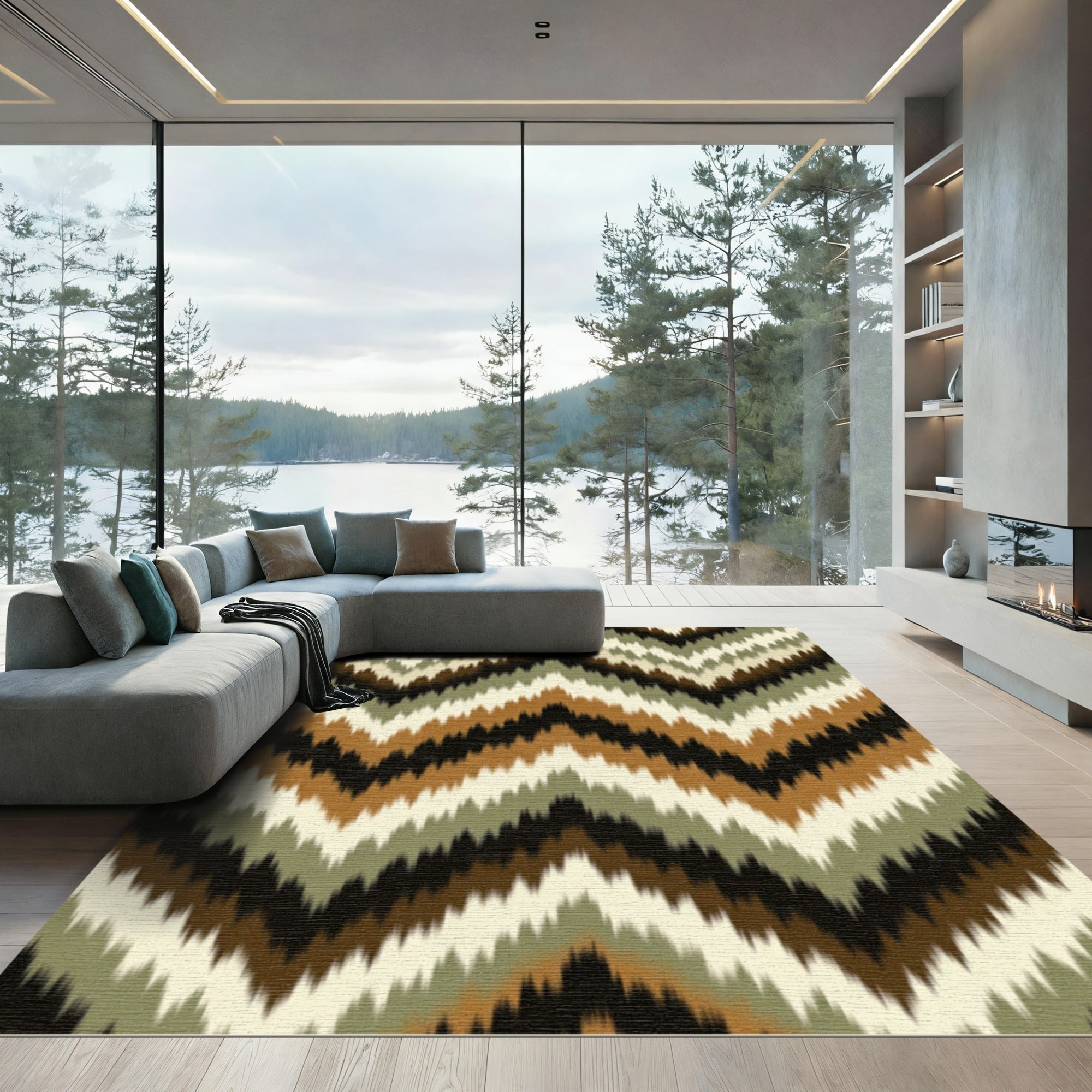Earthy Chevron Zigzag Olive Brown Rug