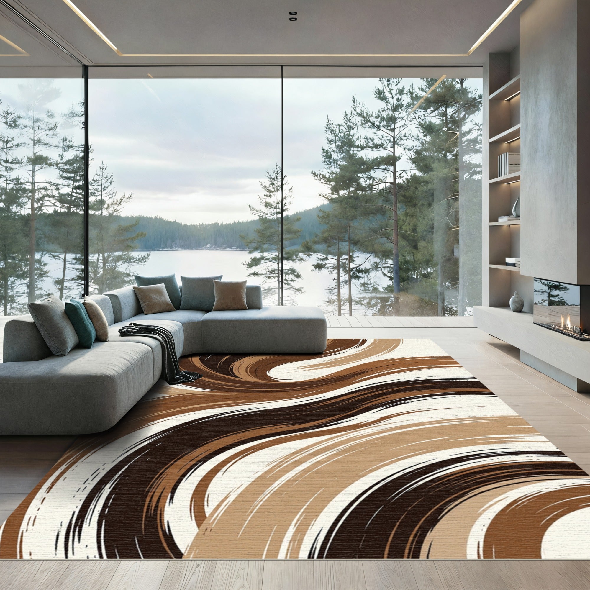 Abstract Brown Swirl Wave Art Rug