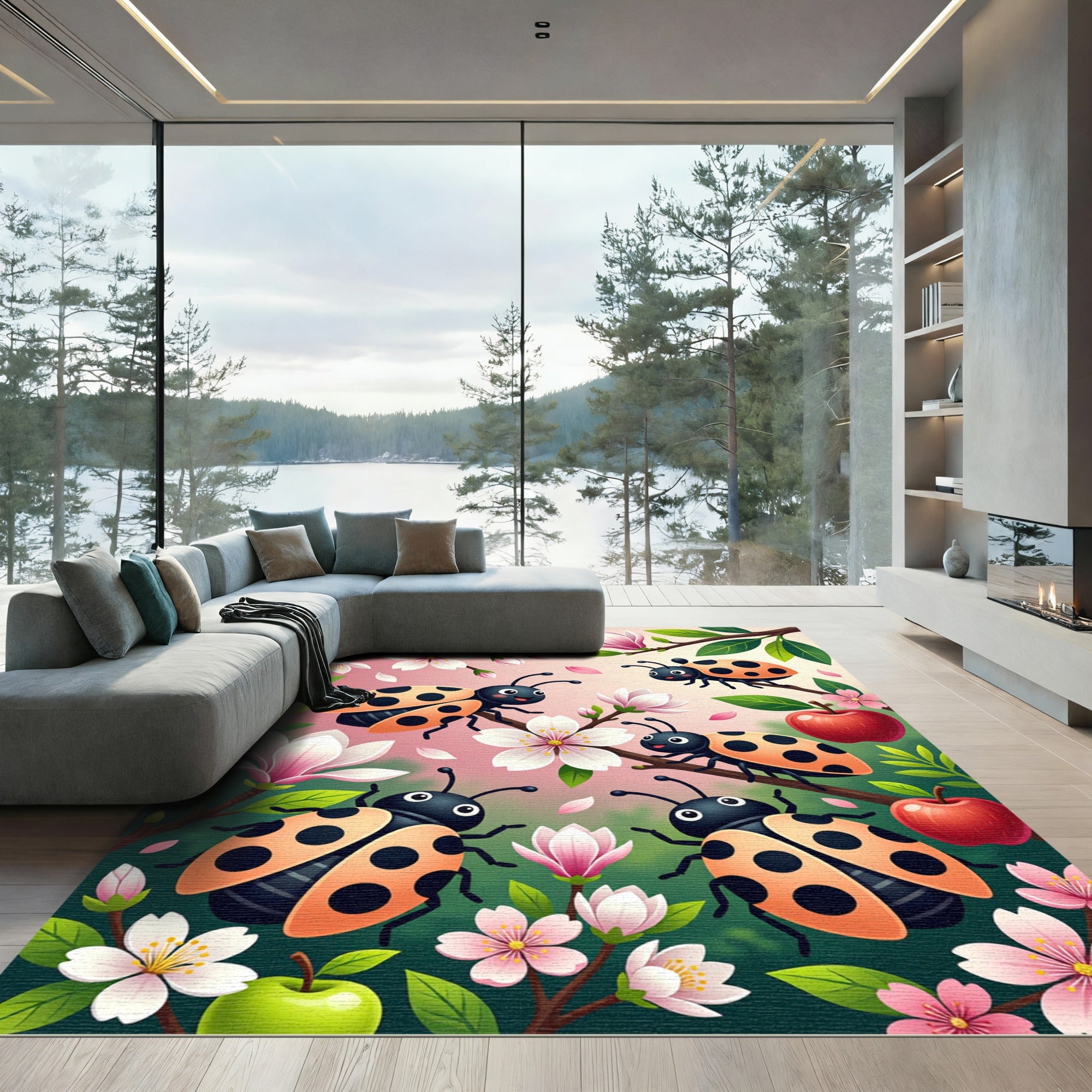 Whimsical Ladybugs Blossom Apple Branches Rug