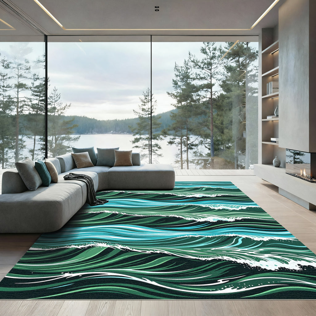 Deep Teal Layered Ocean Wave Rug