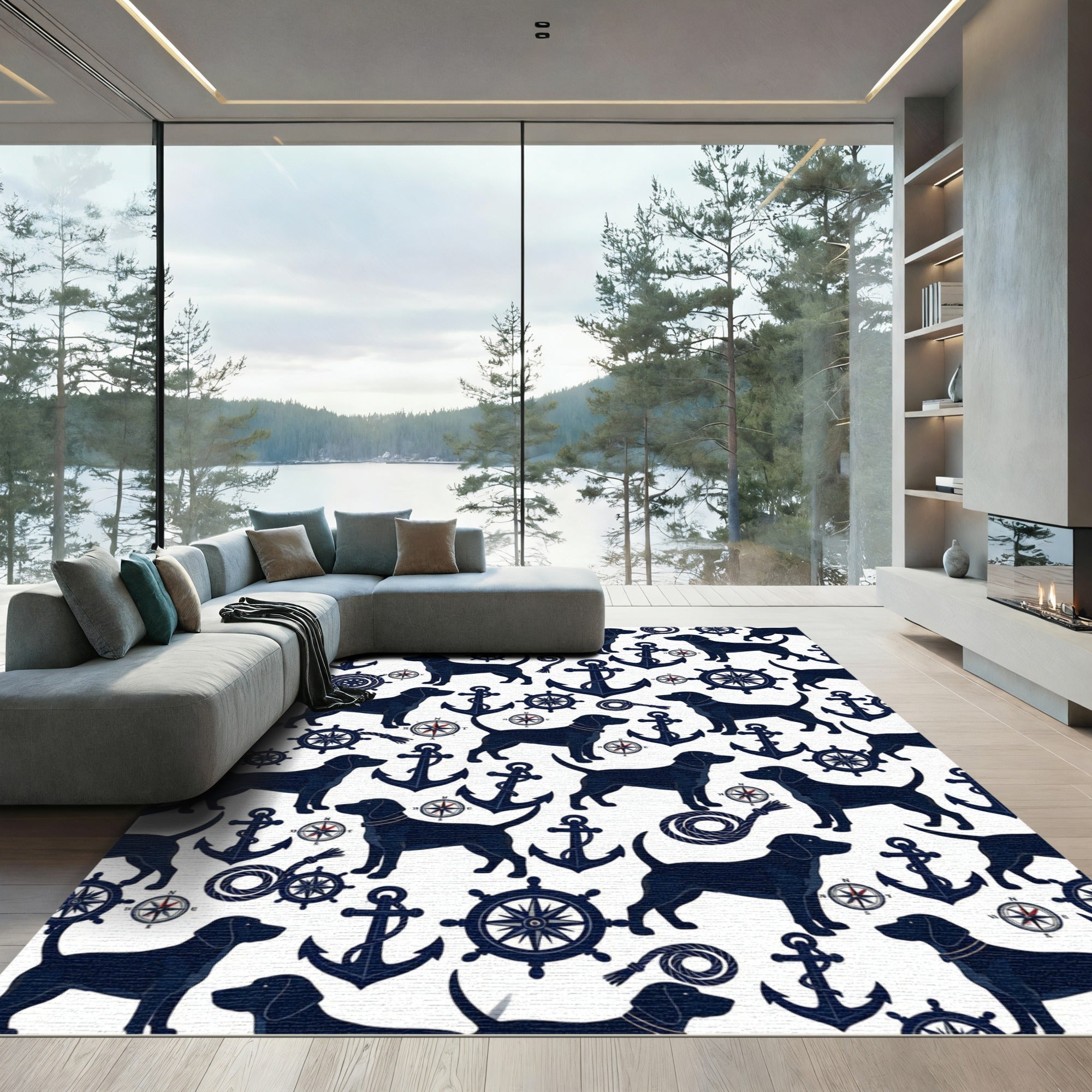 Navy Nautical Labrador Compass Anchor Rug