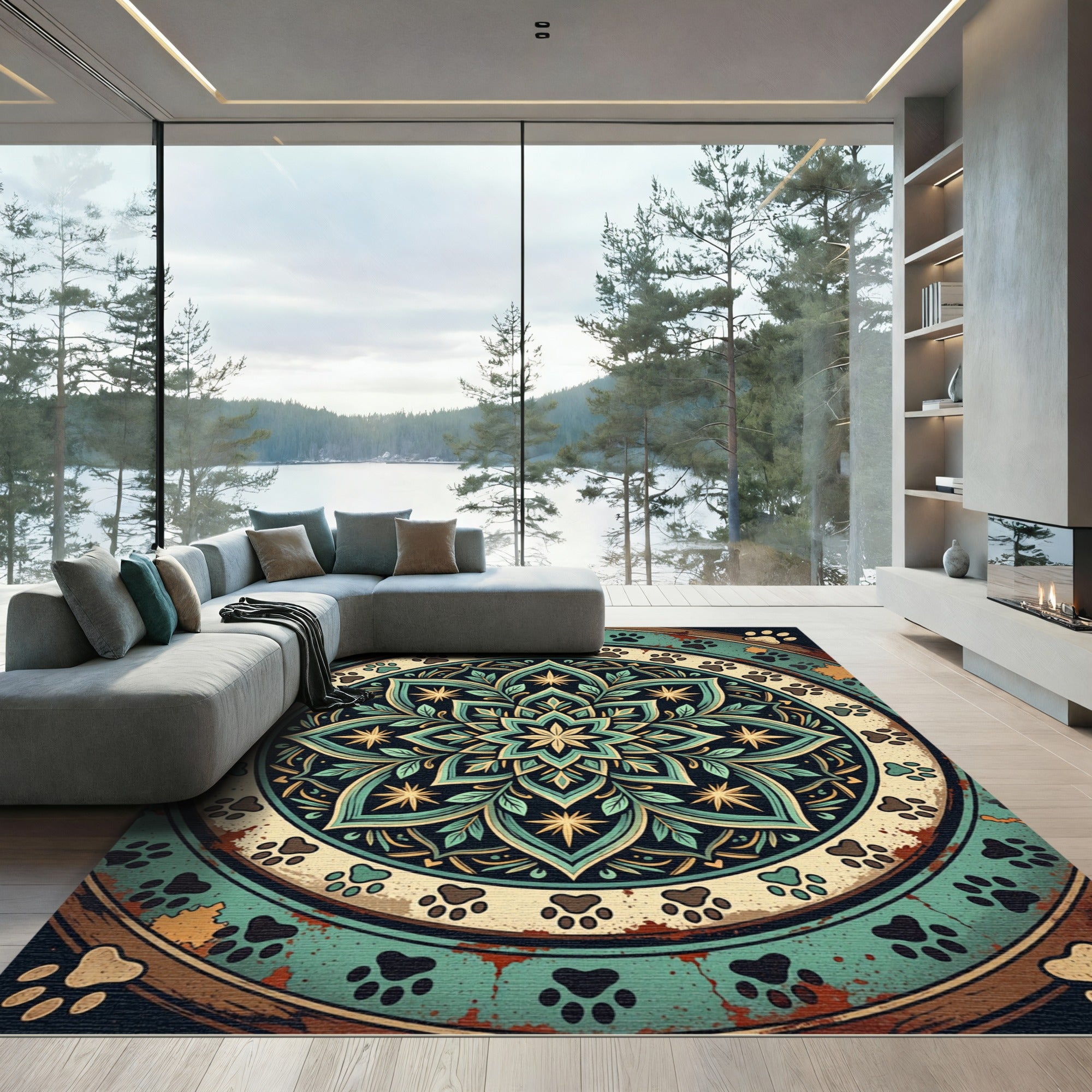 Earthy Teal Floral Paw Mandala Rug
