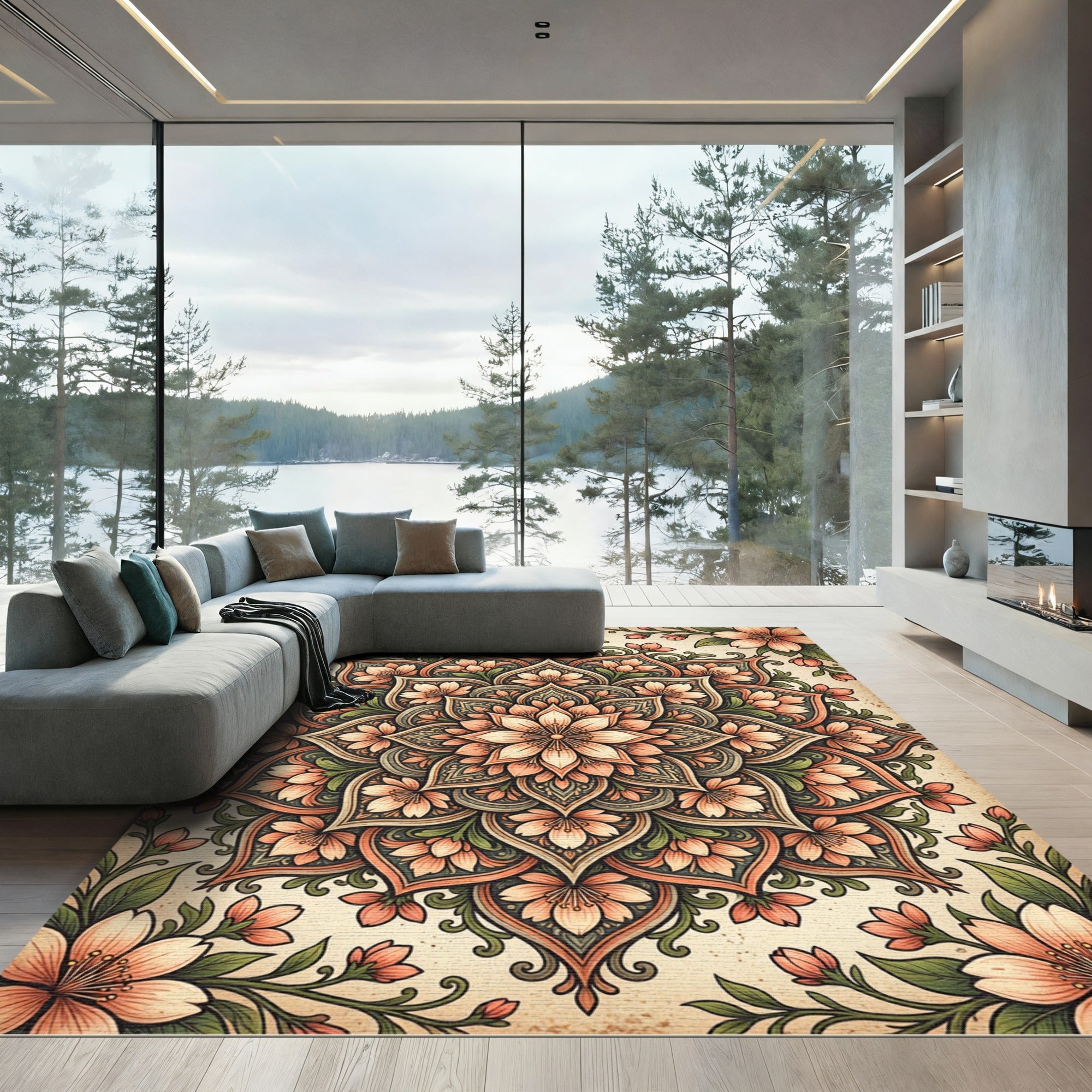 Soft Peach Floral Medallion Garden Rug