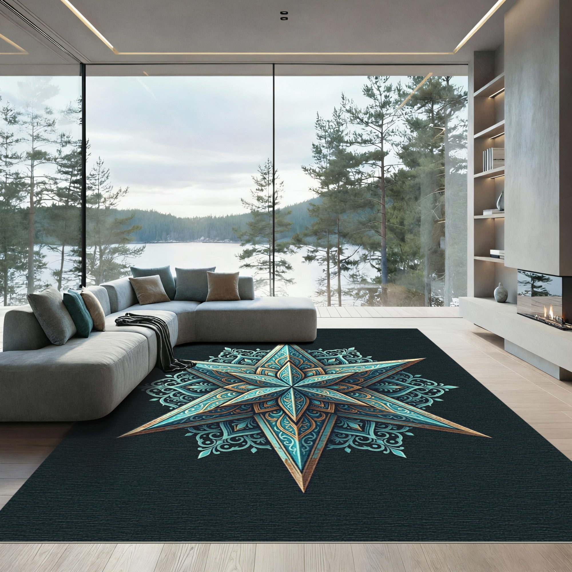Ornate Teal and Gold Star Medallion Rug