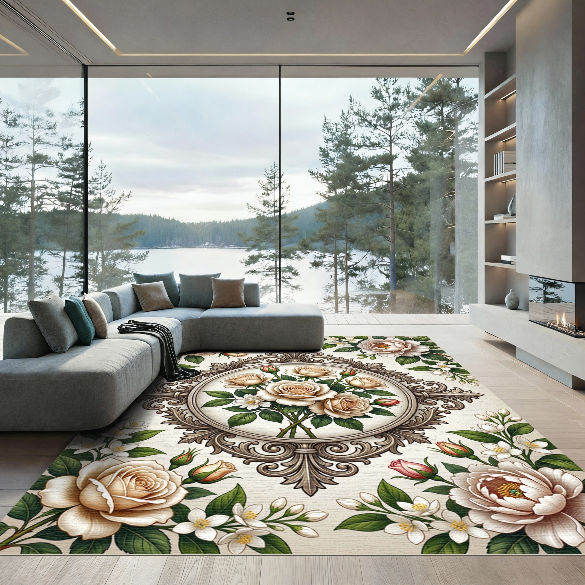 Elegant Victorian Cream Rose Medallion Rug