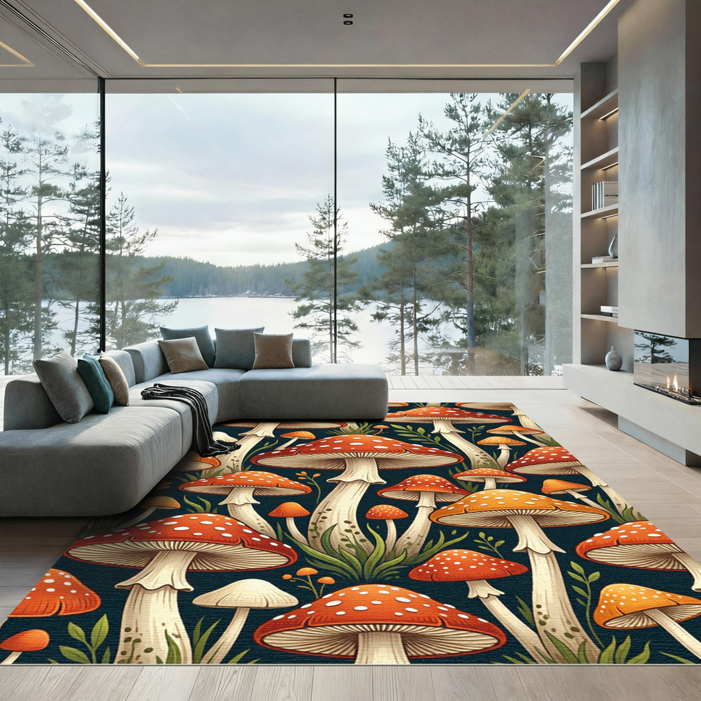 Whimsical Red Mushroom Forest Botanical Rug