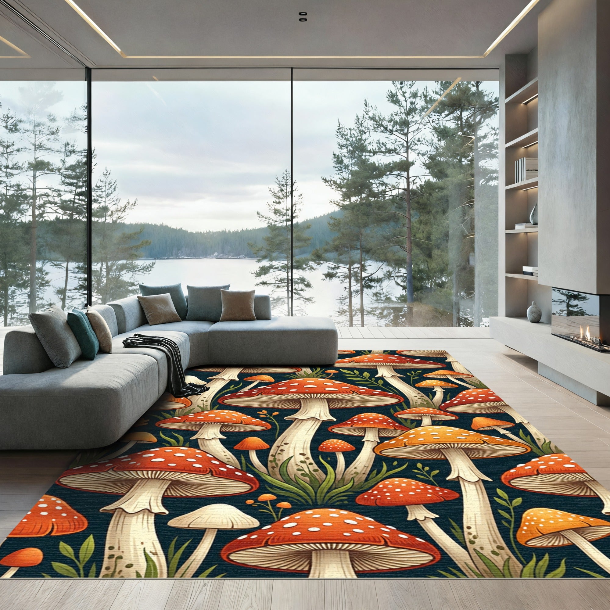 Whimsical Red Mushroom Forest Botanical Rug