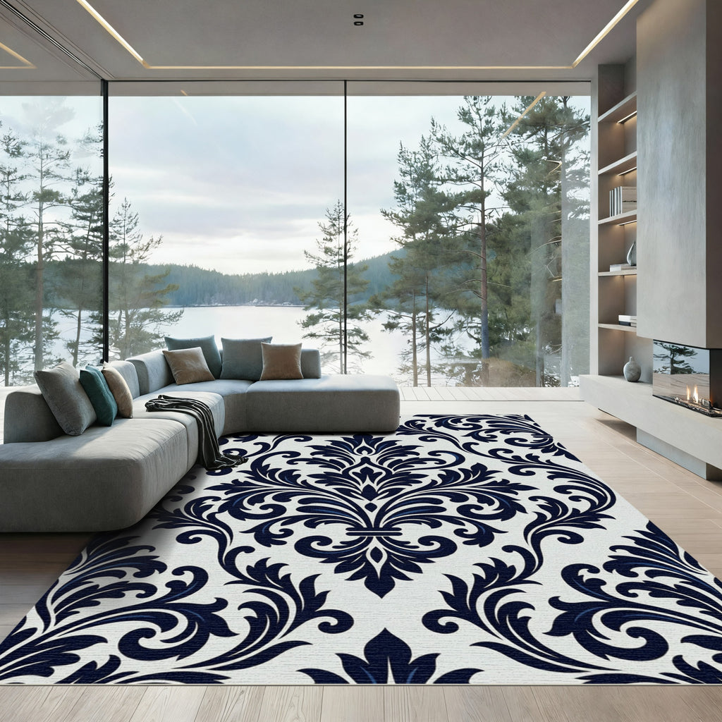 Navy Blue Damask Scroll Floral Art Rug