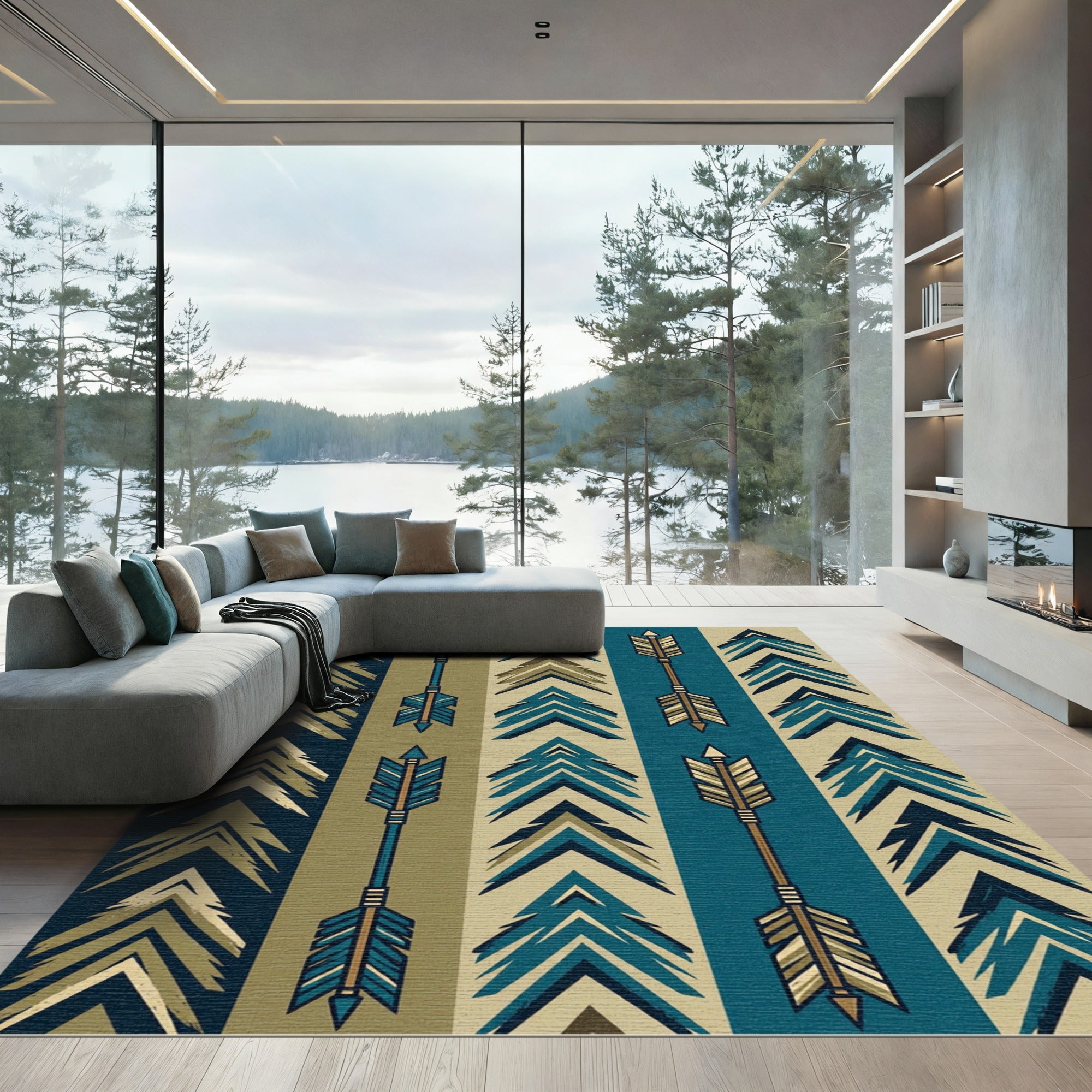 Earthy Teal Geometric Arrow Striped Rug