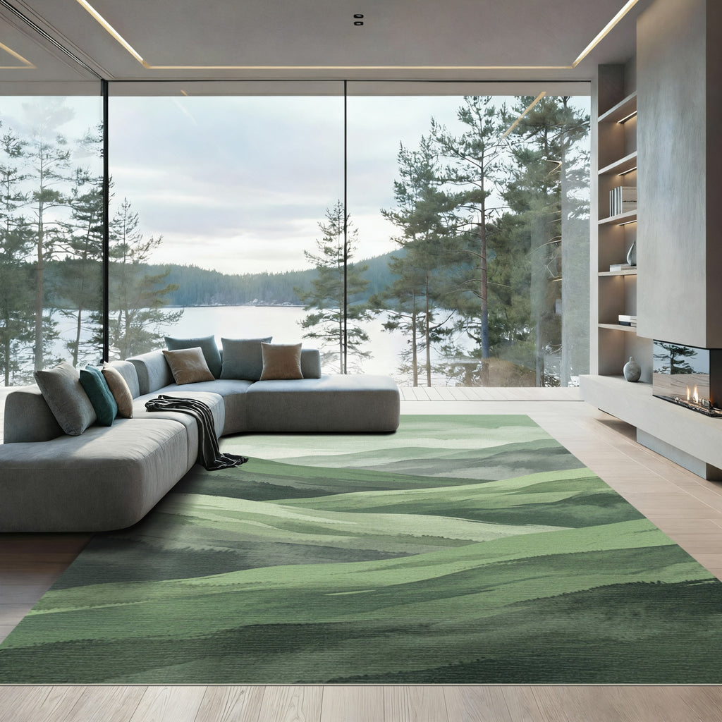 Ethereal Sage Green Layered Mountain Landscape Rug