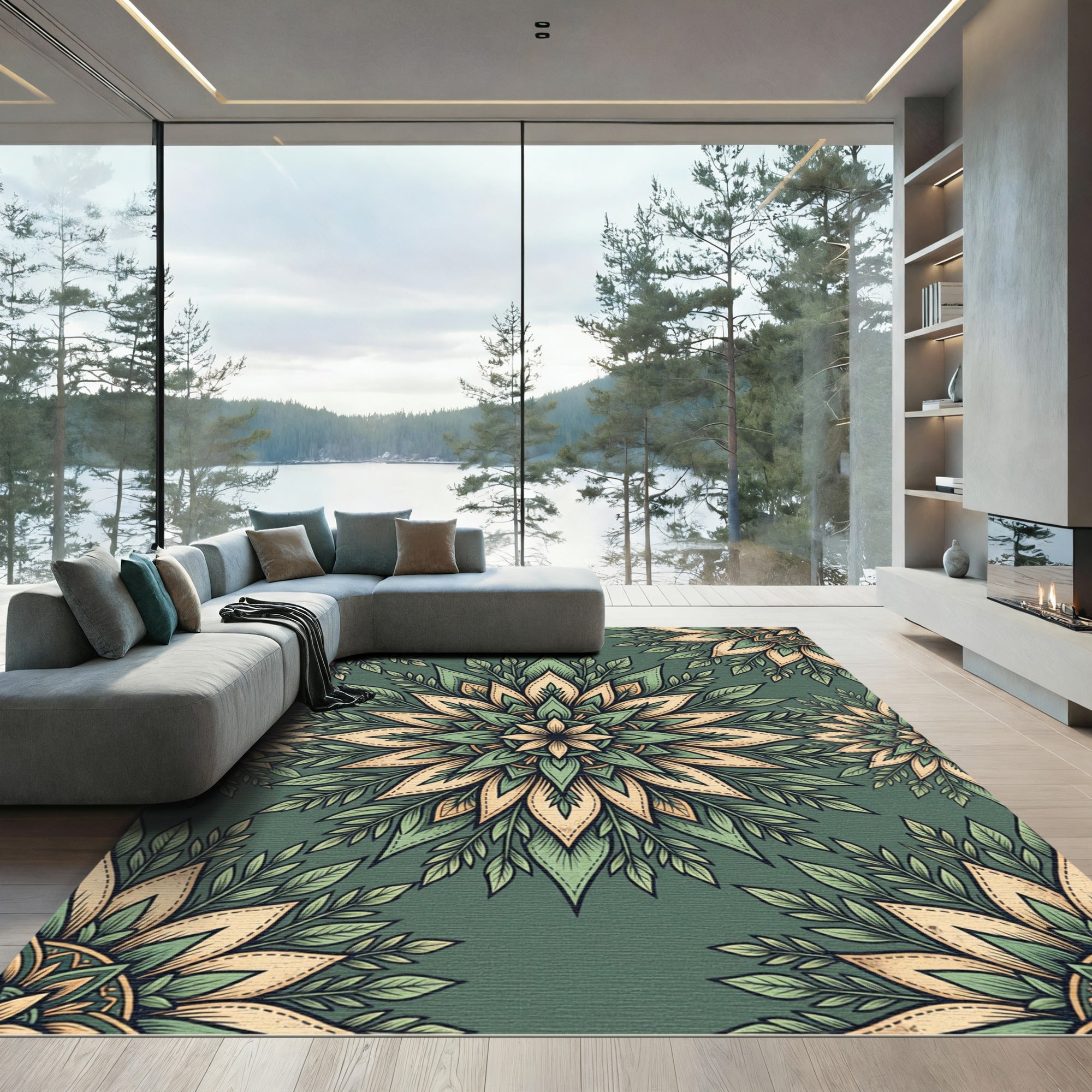 Sage Floral Medallion Boho Foliage Rug