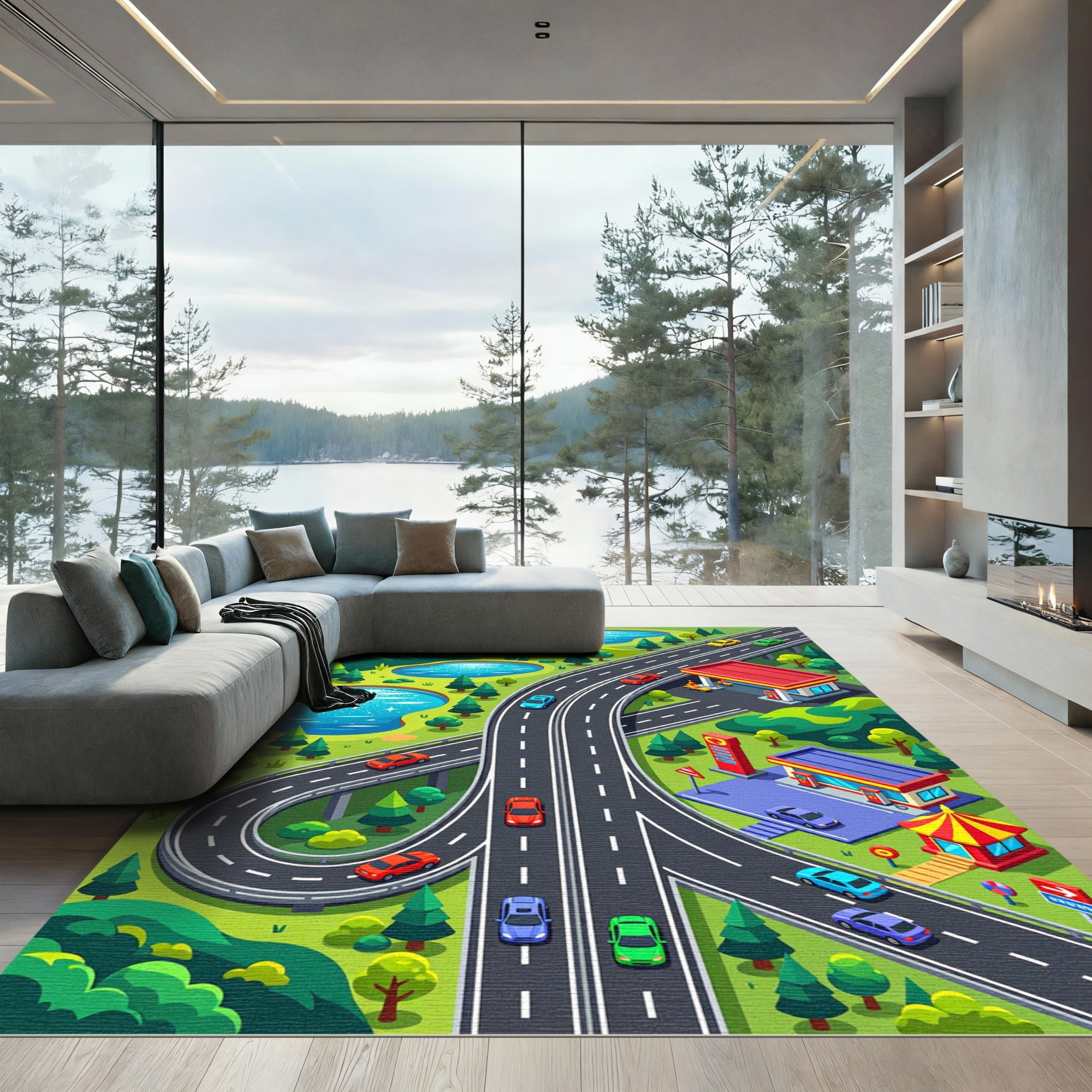 Vibrant Mountain Highway Transit Landscape Rug