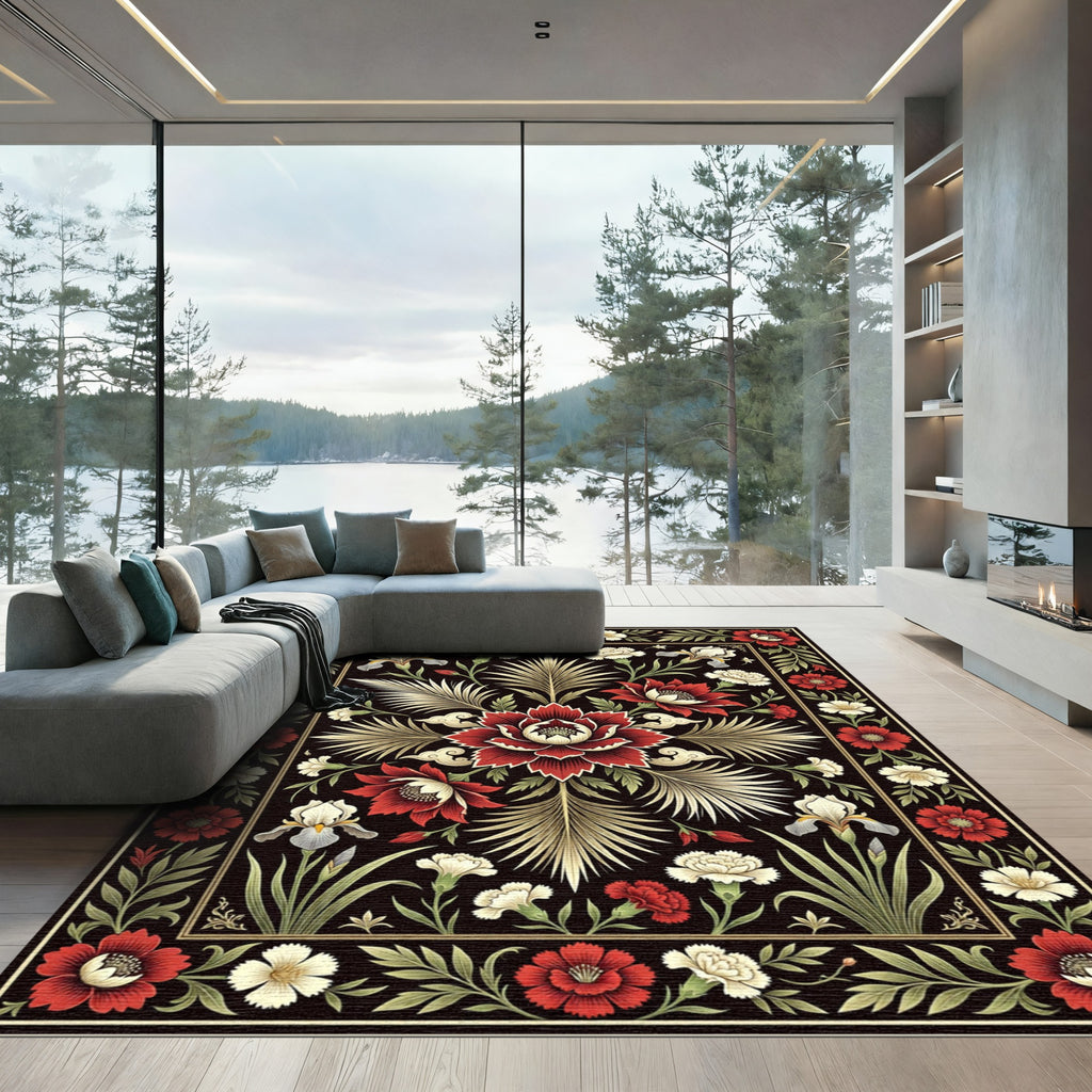 Deep Red Floral Botanical Garden Rug