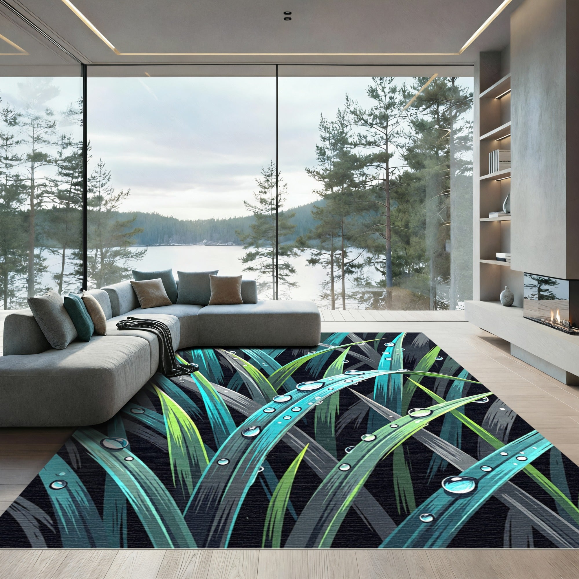 Lush Teal Dewy Grass Blades Rug
