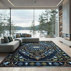 Midnight Blue Chrysanthemum Ornate Floral Crest Rug