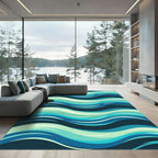 Modern Teal Blue Fluid Wave Gradient Rug