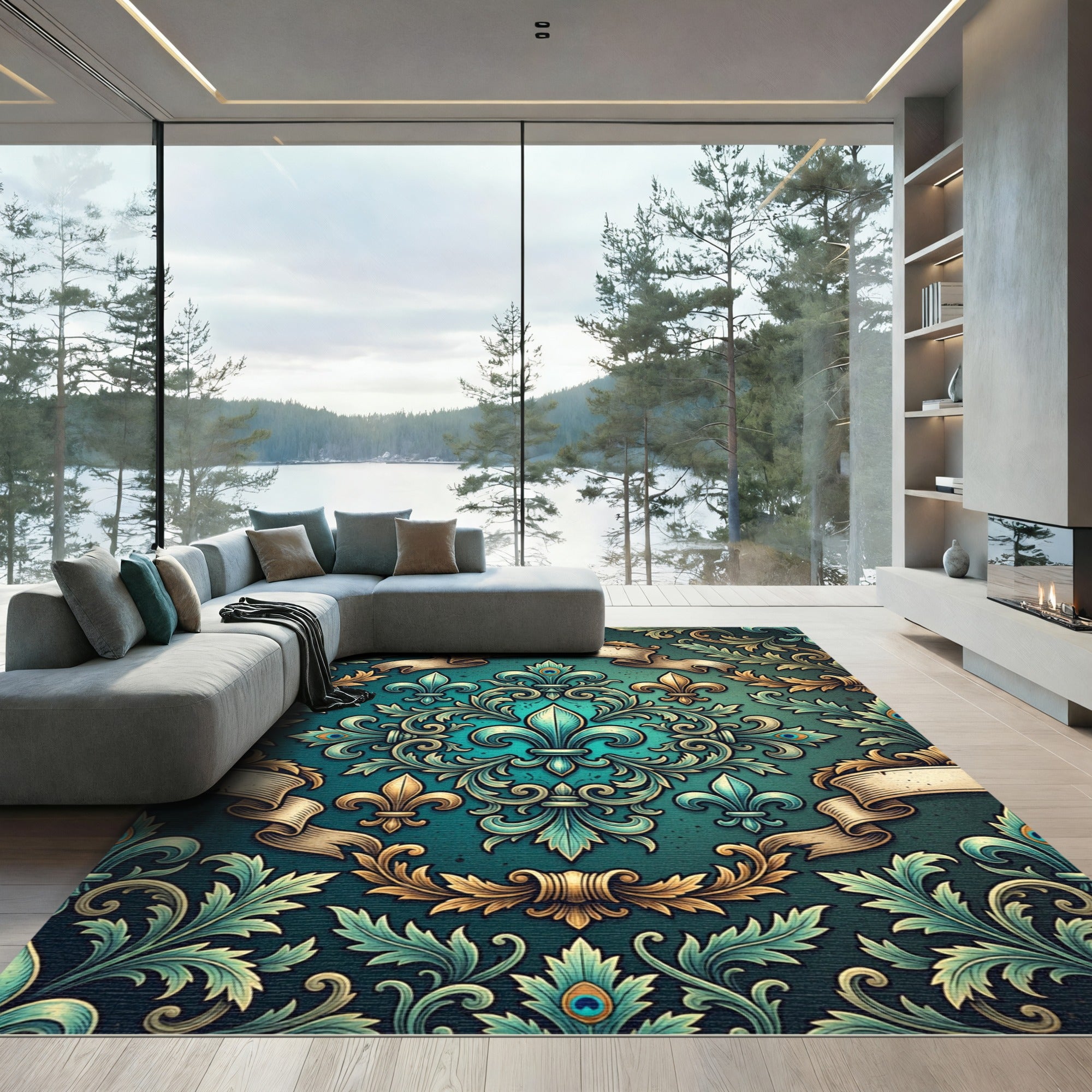 Teal Fleur-de-lis Ornate Scroll Tapestry Rug