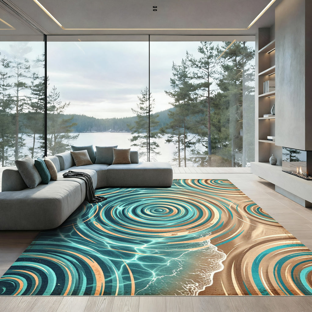 Aqua Teal Earth Tone Round Swirls Rug