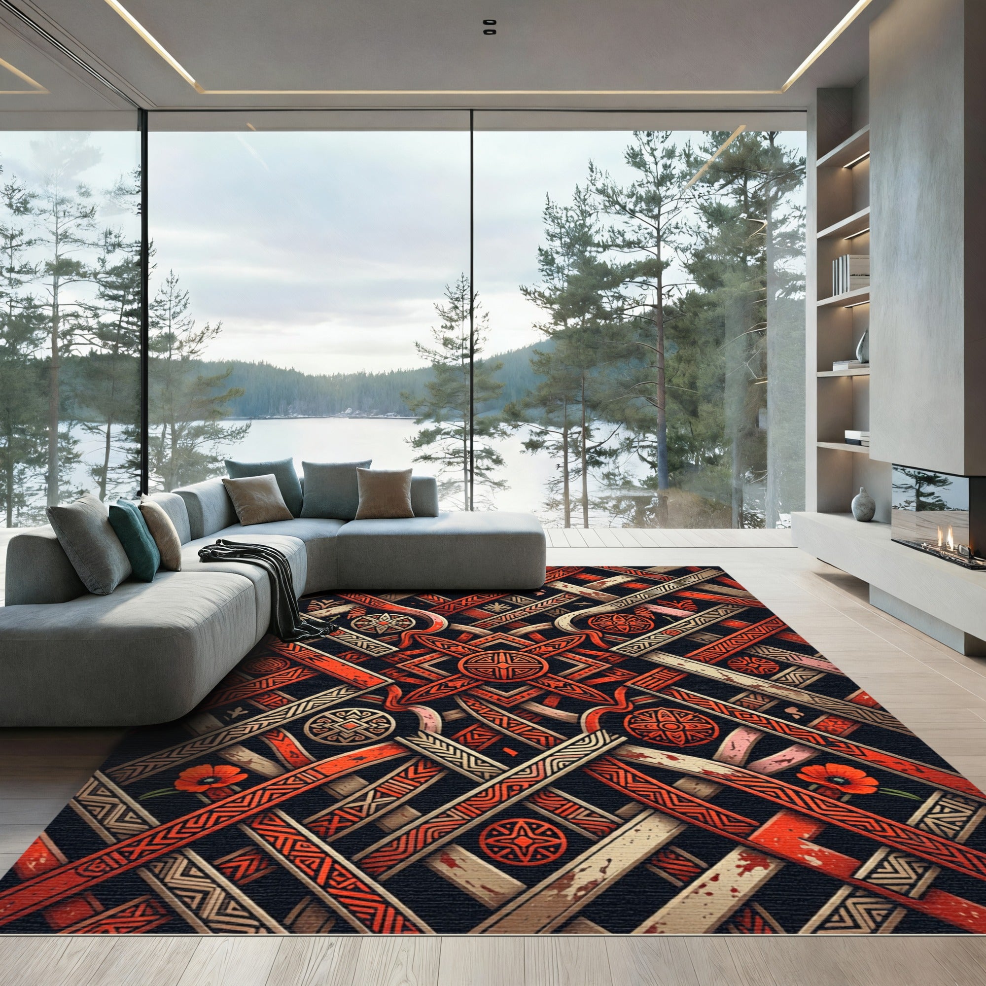 Geometric Crimson Woven Interlocking Lattice Rug