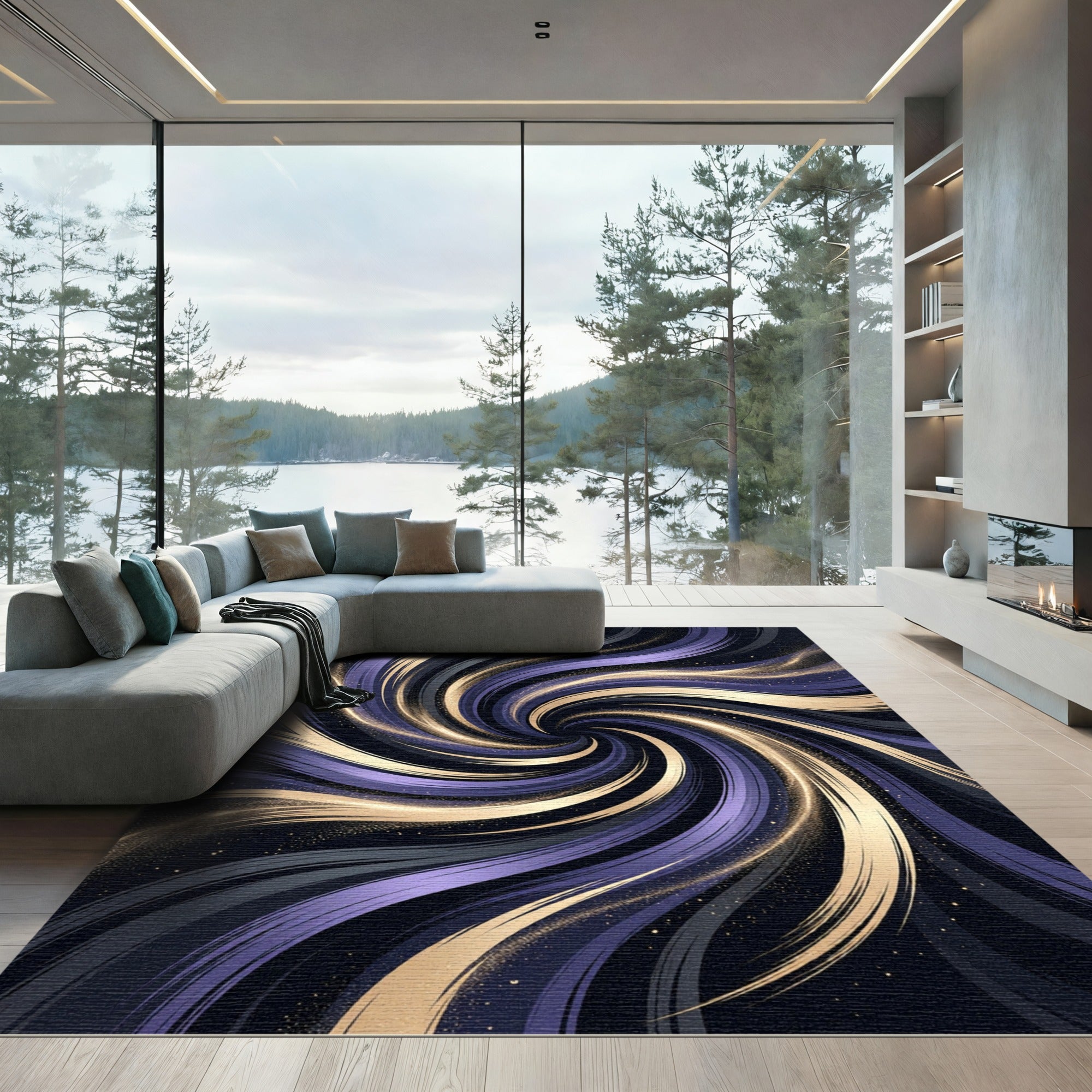Abstract Cosmic Gold and Violet Swirl Rug